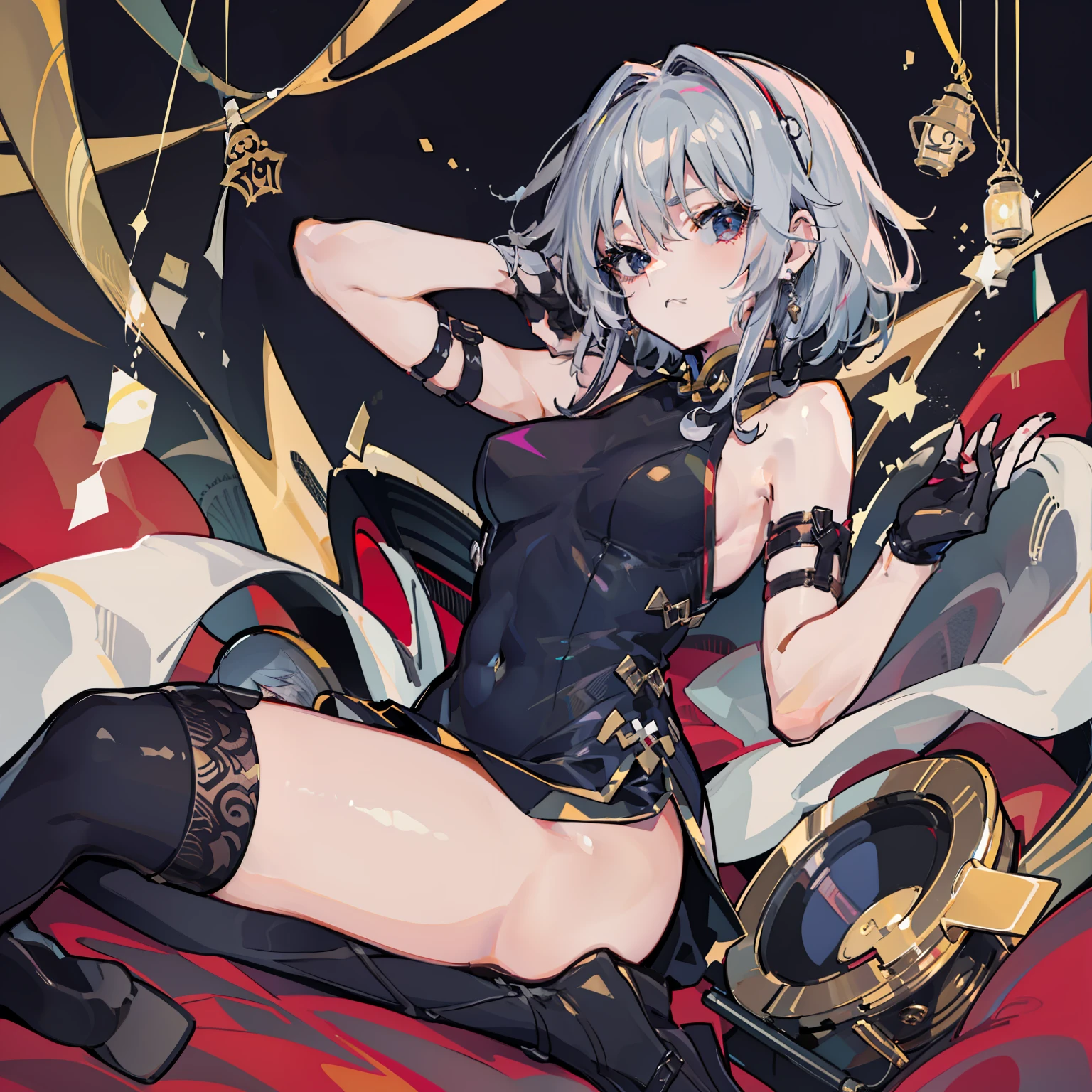 Young woman cheongsam illustration, masutepiece, Fine details, 4K, 8K, 12K, Solo, 1 person, Beautiful Girl, caucasian female, age19、Sixteen Nights 、Silver hair, short, Black cheongsam、Black gloves、Slit in clothes