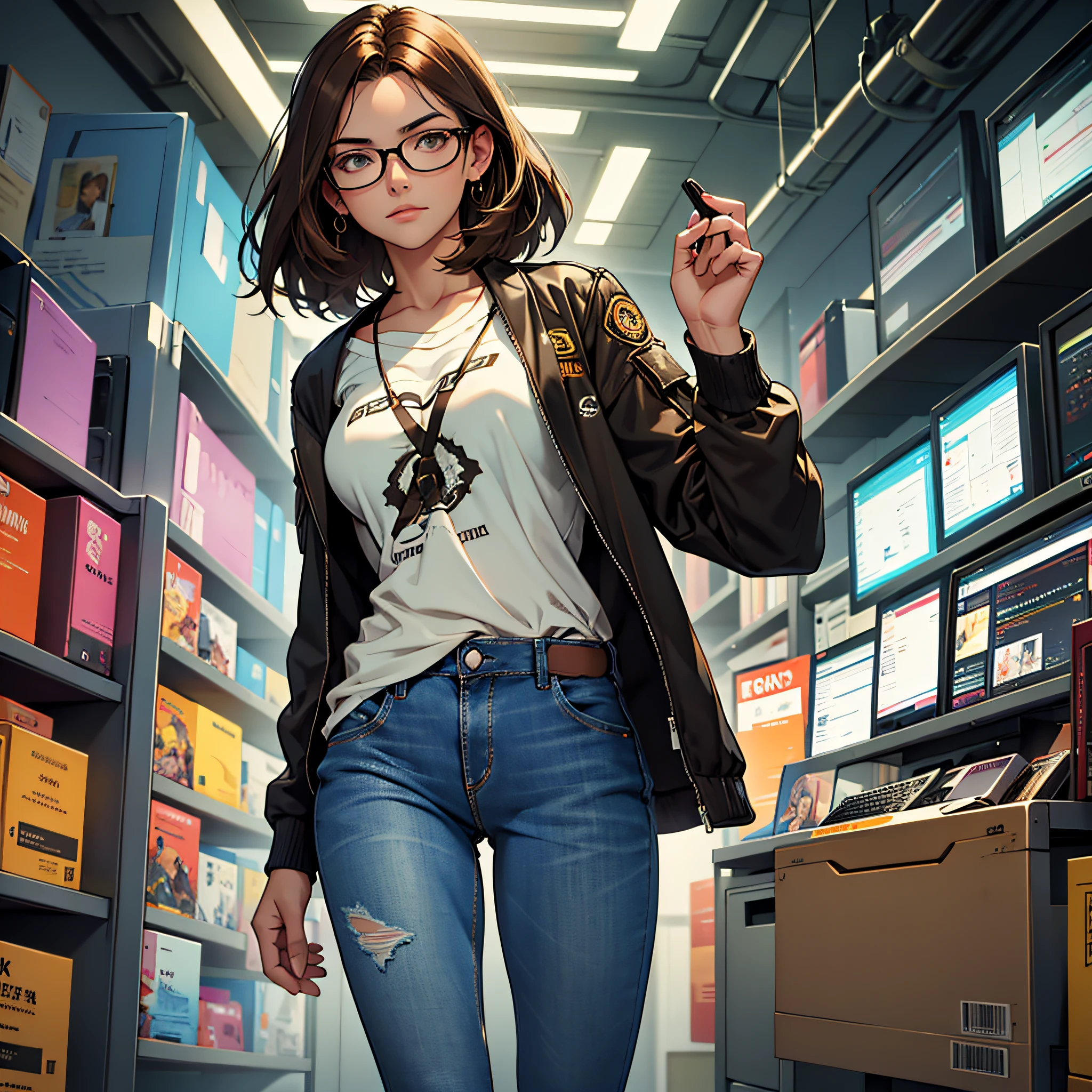 A young woman with brown hair and glasses and dressed in jeans, camiseta branca e jaqueta jeans no lado esquerdo, um computador na tela do computador, Various codes in Matrix style the movie