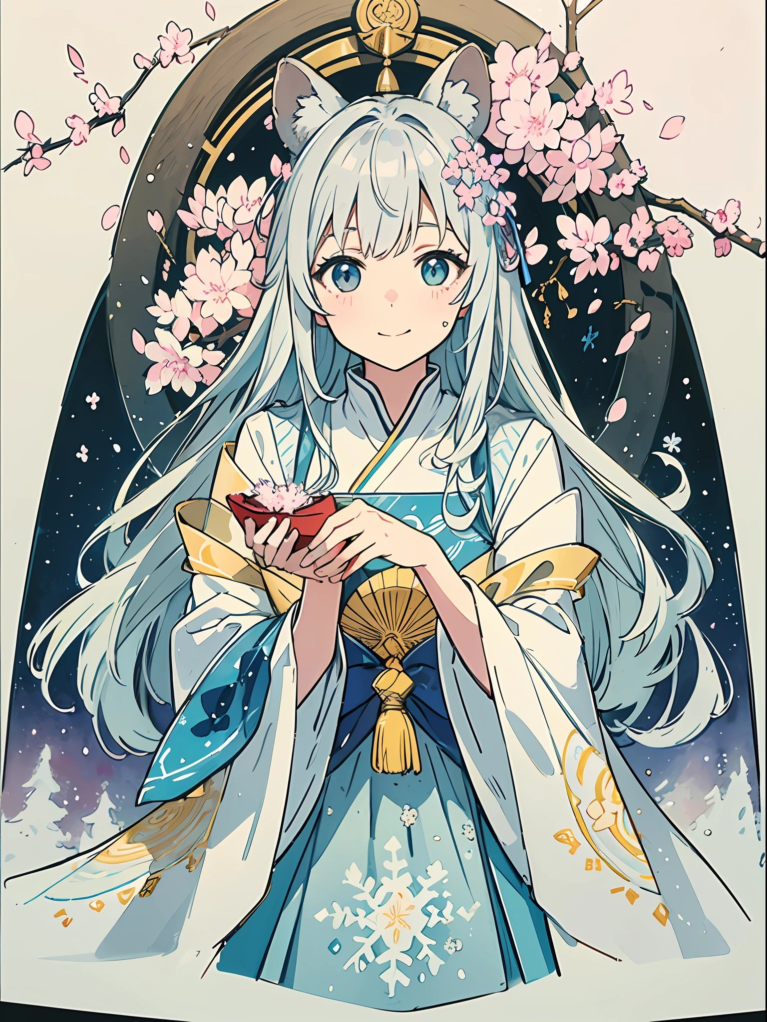 ((8K、​masterpiece、top-quality))、Sumi-e、ink and watercolor painting、Witches、Silver eyes、Silvery hair、Eyes that are sucked in、A charming smile、Traditional costumes、Tanuki ears、racoon tail、Beautiful light reflection、lensflare、Seasonal geometric patterns、((Sakura blizzard))、hortensia、Colored leaves、Snowflake、natural、the golden ratio、pastels、Soothing、Soft tones、Detailed drawing、Precision drawings
