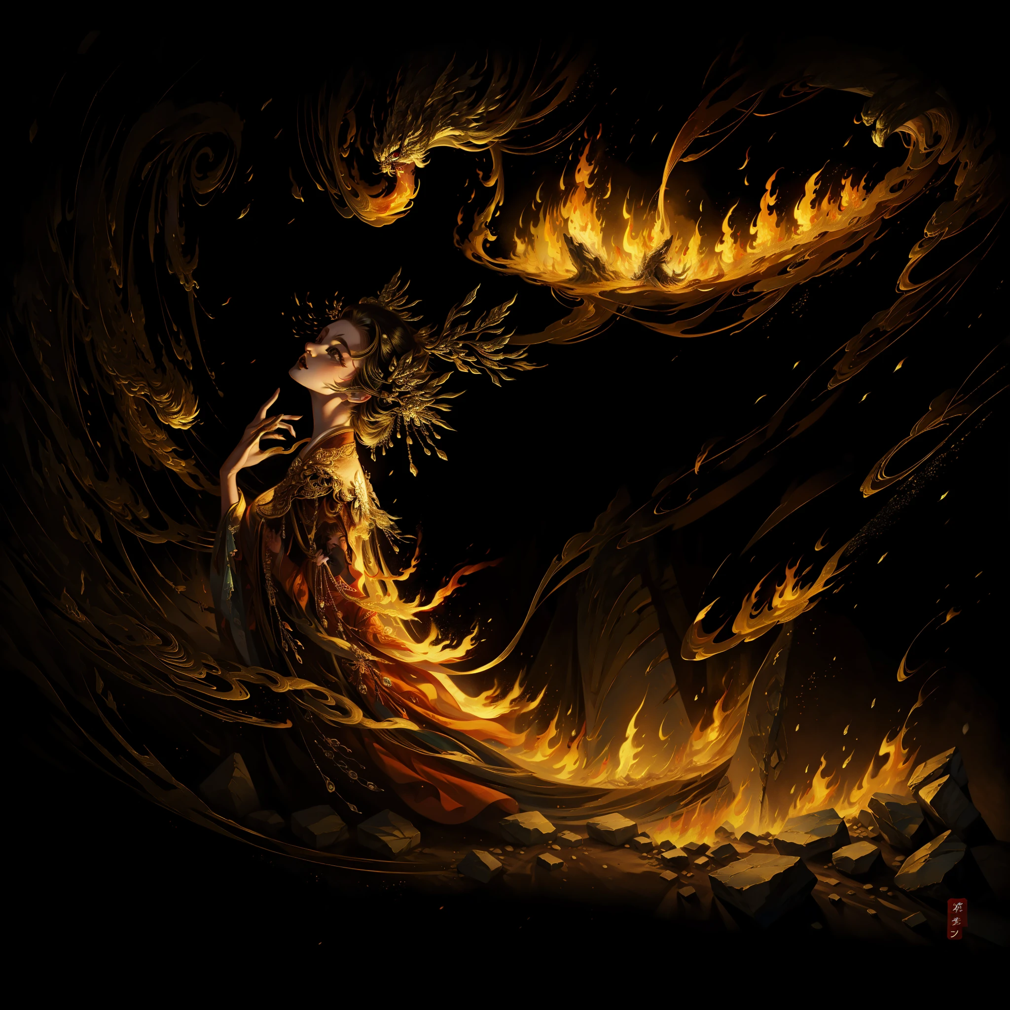 (tmasterpiece,top Quority,best qualtiy,offcial art,)offcial art,Extremely detailed,Beautiful woman,Winding flames,Forest,