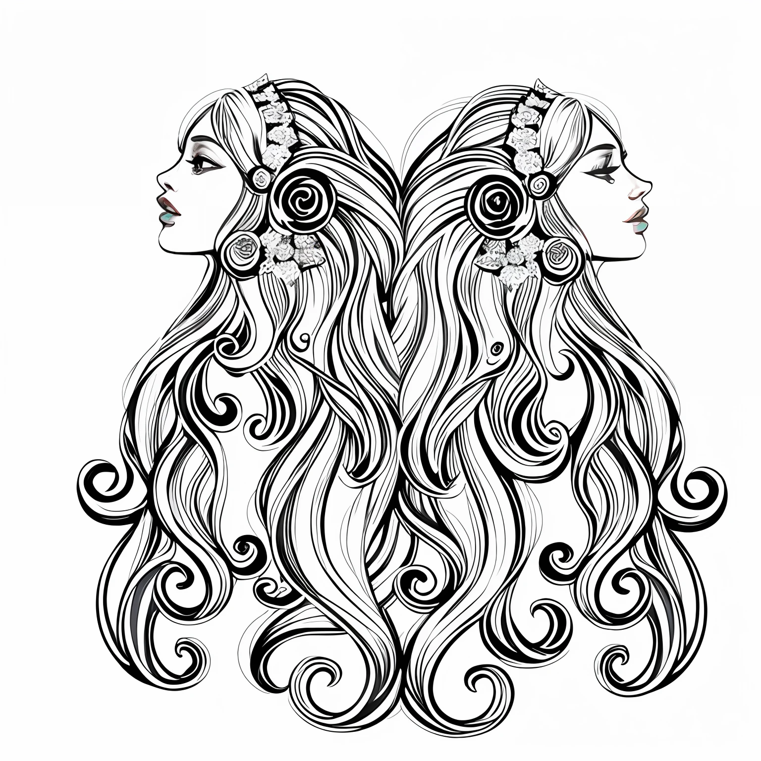 Woman with flowers on hair, Beautiful Gemini twins, beautiful gemini good and evil, symmetric beauty, Complex long curls, exquisite line art,