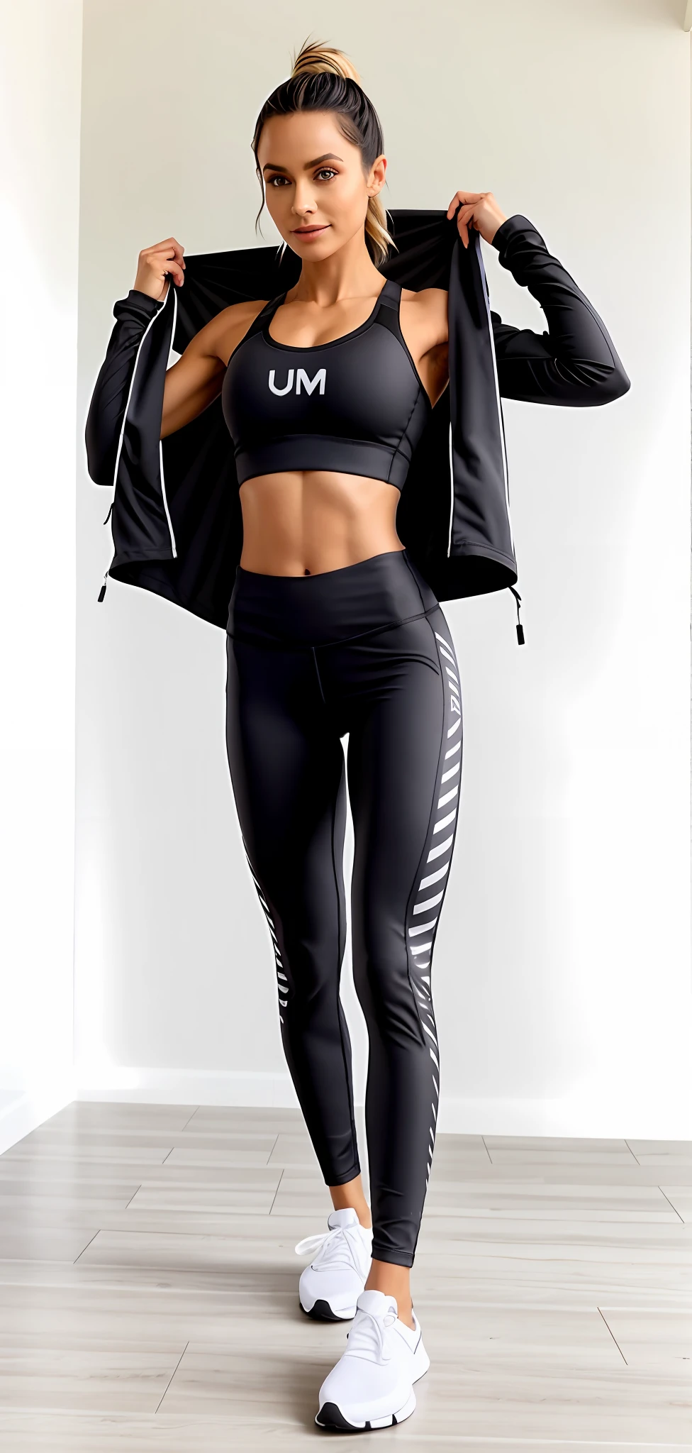 uma mulher em leggings de preto e uma jaqueta, two piece workout clothes, usando roupas pretas apertadas, Jet Black Leggings, roupas esportivas, roupas esportivas fofas, black workout bra, Leggings Pretas, Leggings Pretas, jaqueta sobre tronco nu, usando equipamento de fitness, roupas esportivas, wearing swimming suite, parte superior e inFerior do corpo, sport bra and shirt, Camisa cropped com jaqueta