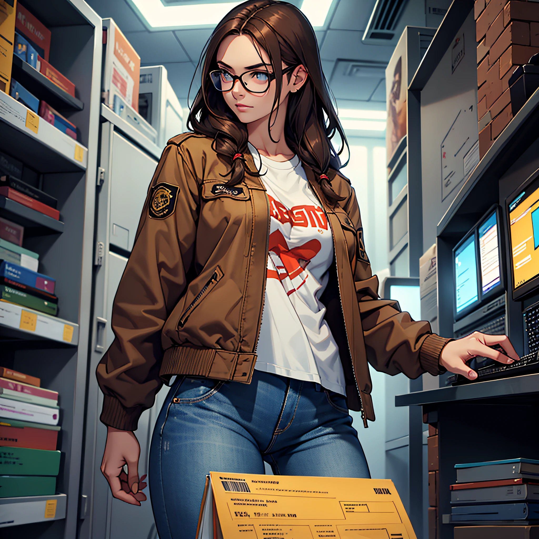 A young woman with brown hair and glasses and dressed in jeans, camiseta branca e jaqueta jeans no lado esquerdo, um computador na tela do computador, Various codes in Matrix style the movie