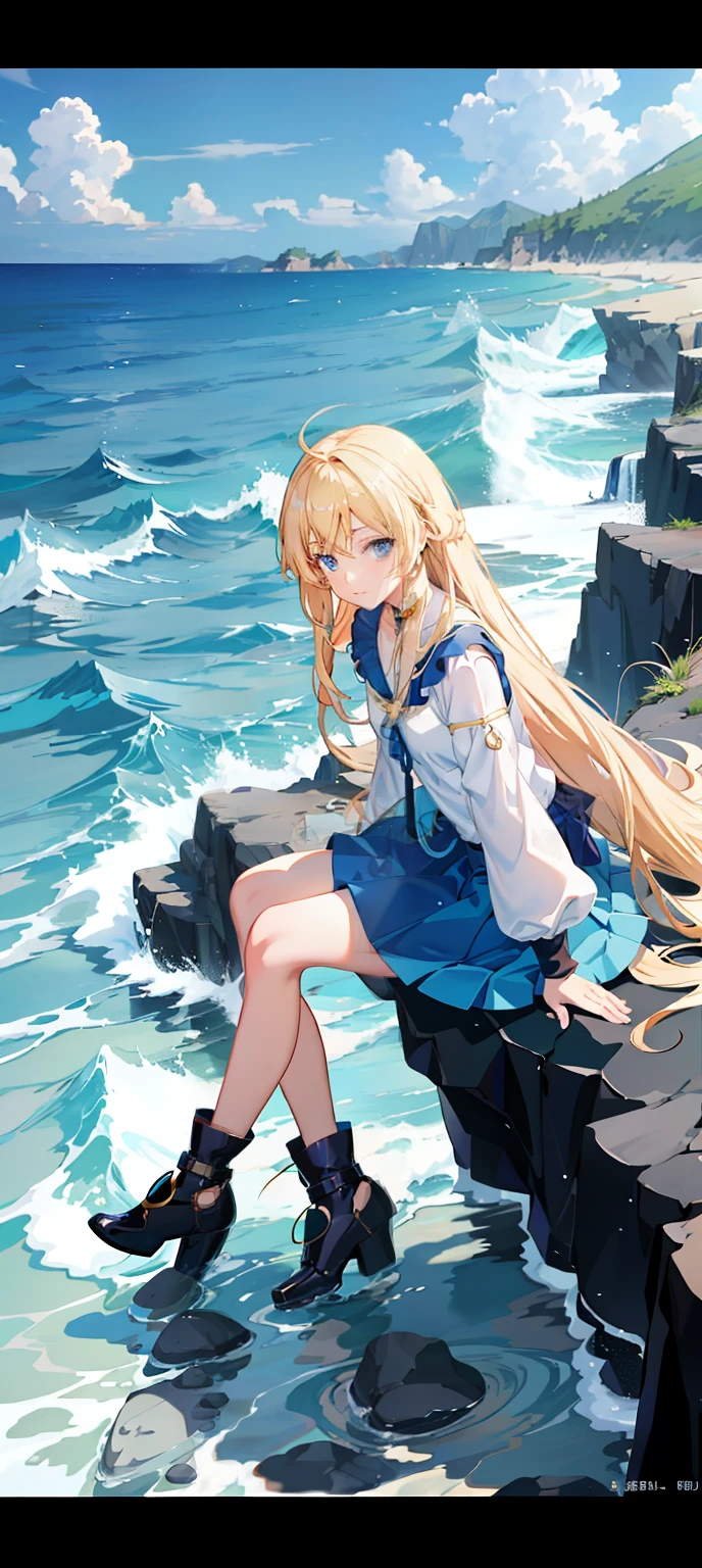 Anime girl sitting on rocks by the sea with dog, Blonde anime girl with long hair, wallpaper anime blue water, anime wallaper, Beautiful anime, Guviz, hd anime wallaper, Anime style. 8K, anime visual of a cute girl, Splash art anime Loli, drawn in anime painter studio, Smooth anime CG art