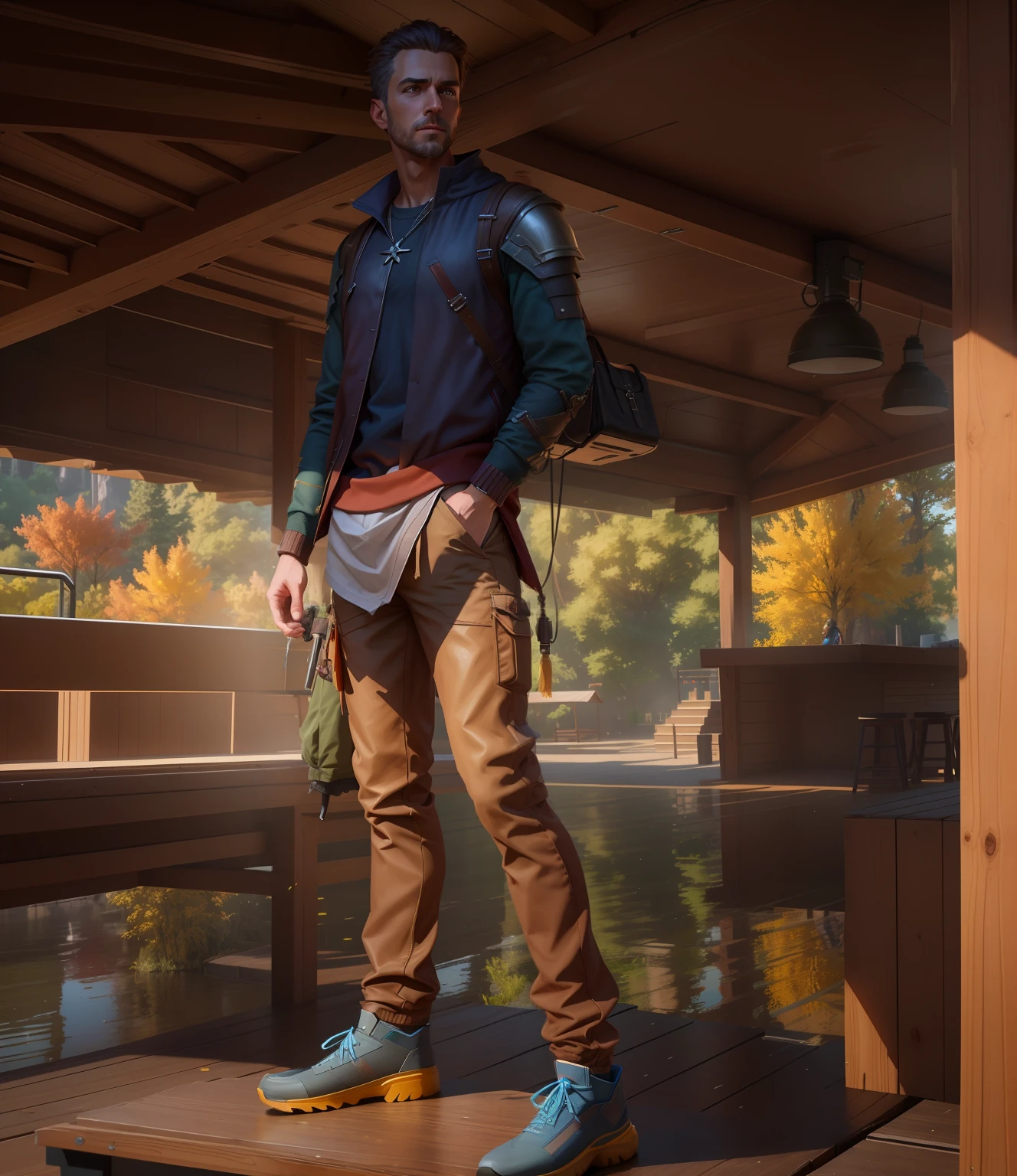 there is a man standing on a wooden platform with a girl, cinematic full body shot, realistically rendered clothing, photorealistic full body, full body shot hyperdetailed, photorealistic content, cinematic outfit photo, style from greg rutkowski, [ 4 k photorealism ], realistic clothing, rendered in lumion, realistic knight lighting