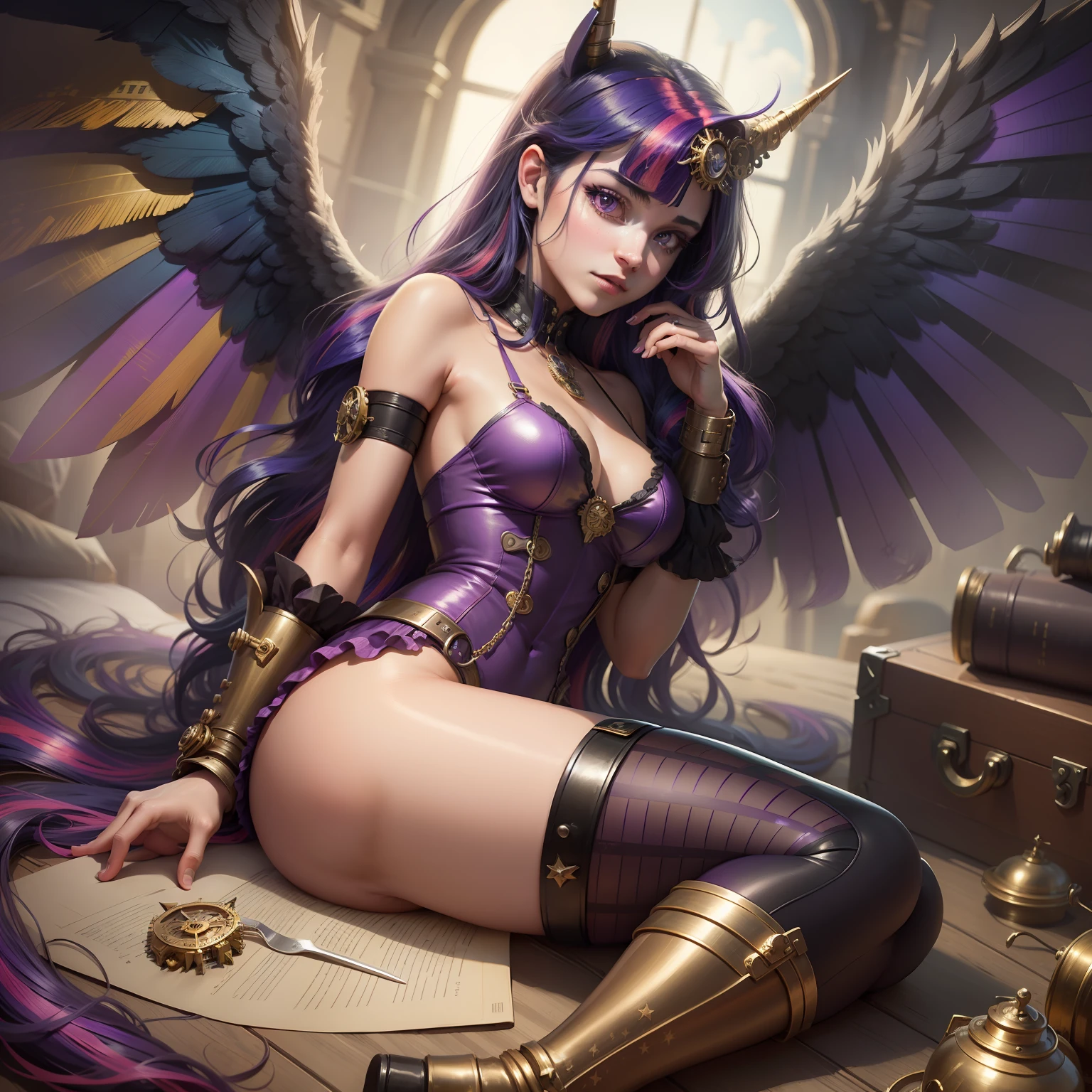 Twilight Sparkle, Twilight Sparkle from My Little Pony, Twilight Sparkle in the form of a girl, long hair, lush hair, Steampunk, body from steampunk mechanisms, golden gears, not human, gear leather, purple boots, full-length, purple wings, big angel wings purple, steampunk style, purple magic, a lot of magic, star nets, best quality, very detailed, ultra 8k resolution