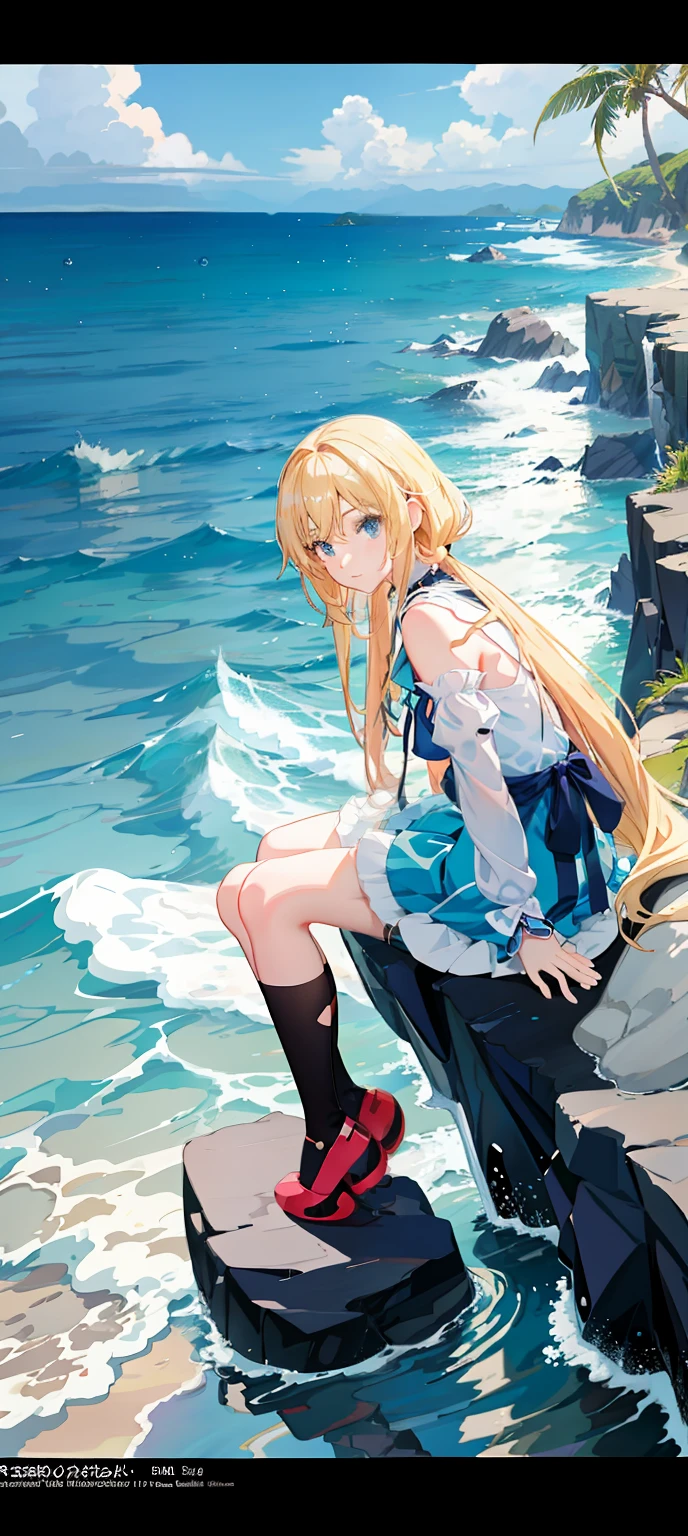Anime girl sitting on rocks by the sea with dog, Blonde anime girl with long hair, wallpaper anime blue water, anime wallaper, Beautiful anime, Guviz, hd anime wallaper, Anime style. 8K, anime visual of a cute girl, Splash art anime , drawn in anime painter studio, Smooth anime CG art