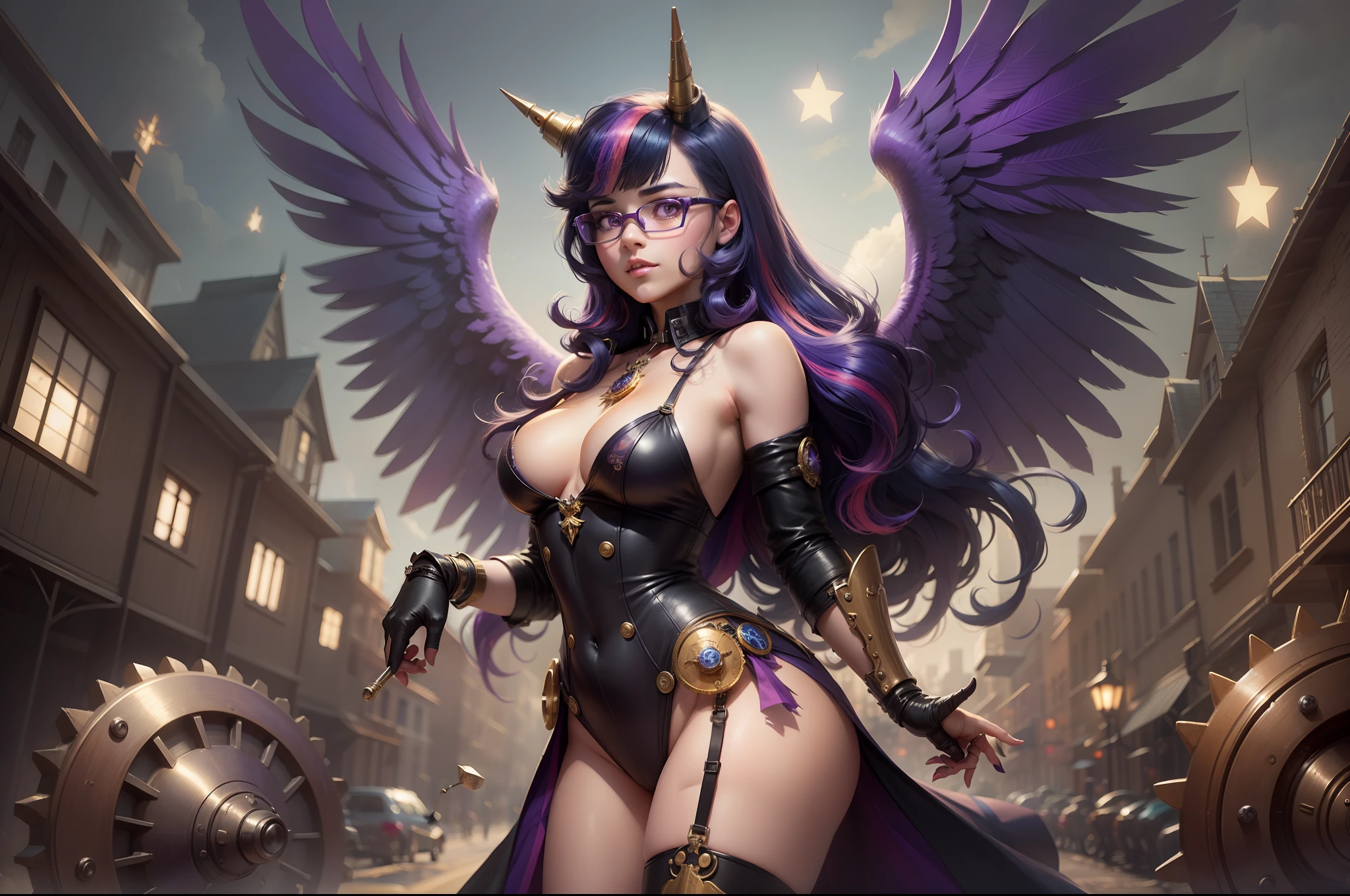 Twilight Sparkle, Twilight Sparkle from My Little Pony, Twilight Sparkle in the form of a girl, long hair, lush hair, Steampunk, body from steampunk mechanisms, golden gears, not human, gear leather, purple boots, full-length, purple wings, big angel wings purple, steampunk style, purple magic, a lot of magic, star nets, best quality, very detailed, ultra 8k resolution