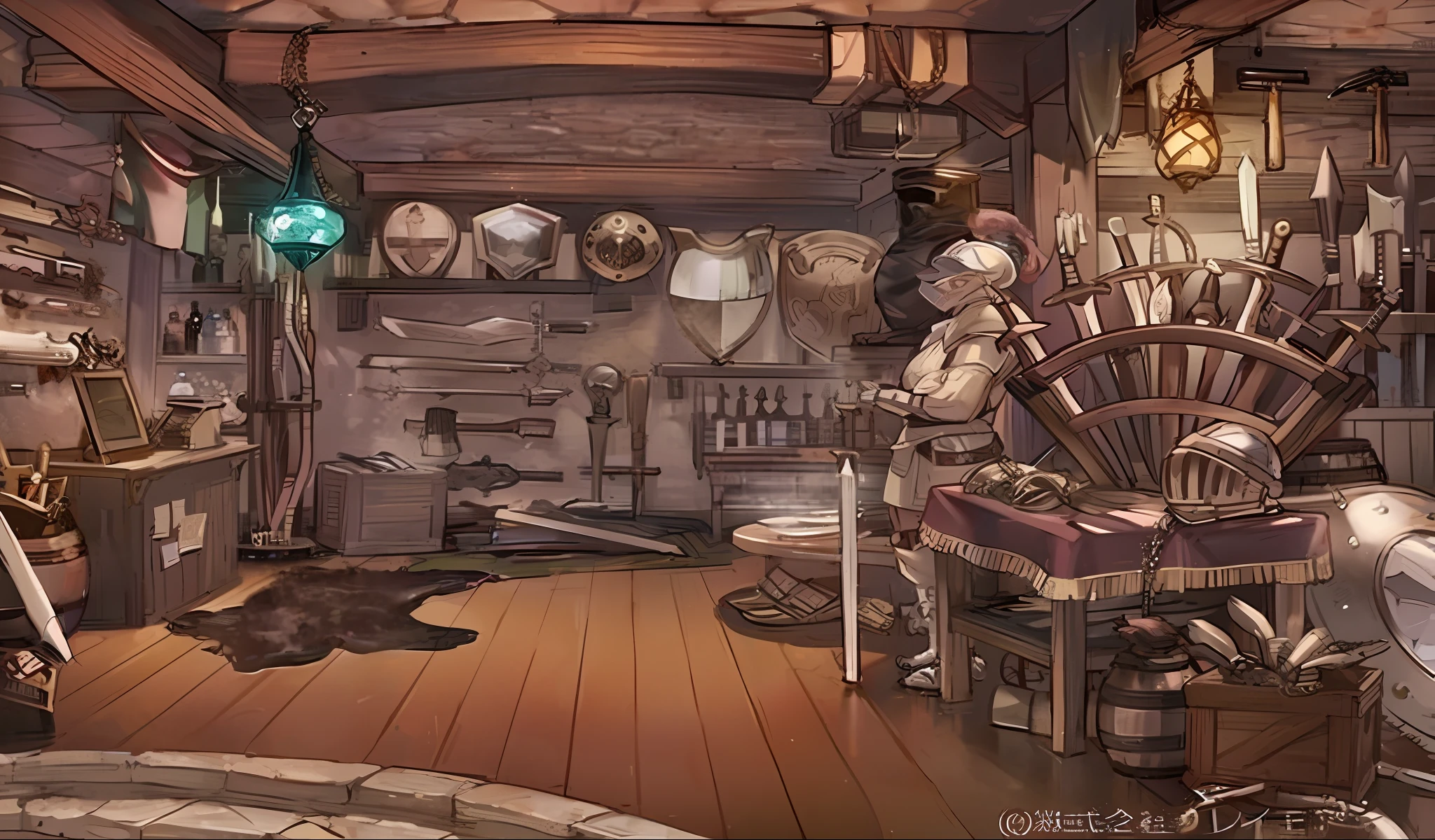 There was a room，There are a lot of things in it, weapon shop interior, fantasy alchemist laboratory, inside an old magical shop, Inside the fantasy supplier, a multidimensional cozy tavern, Steampunk shop, Located in the wizard shop, he is in a alchemist lab, Inside the fantasy potion supplier, tavern background, alchemy laboratory, magical fantasy 2 d concept art