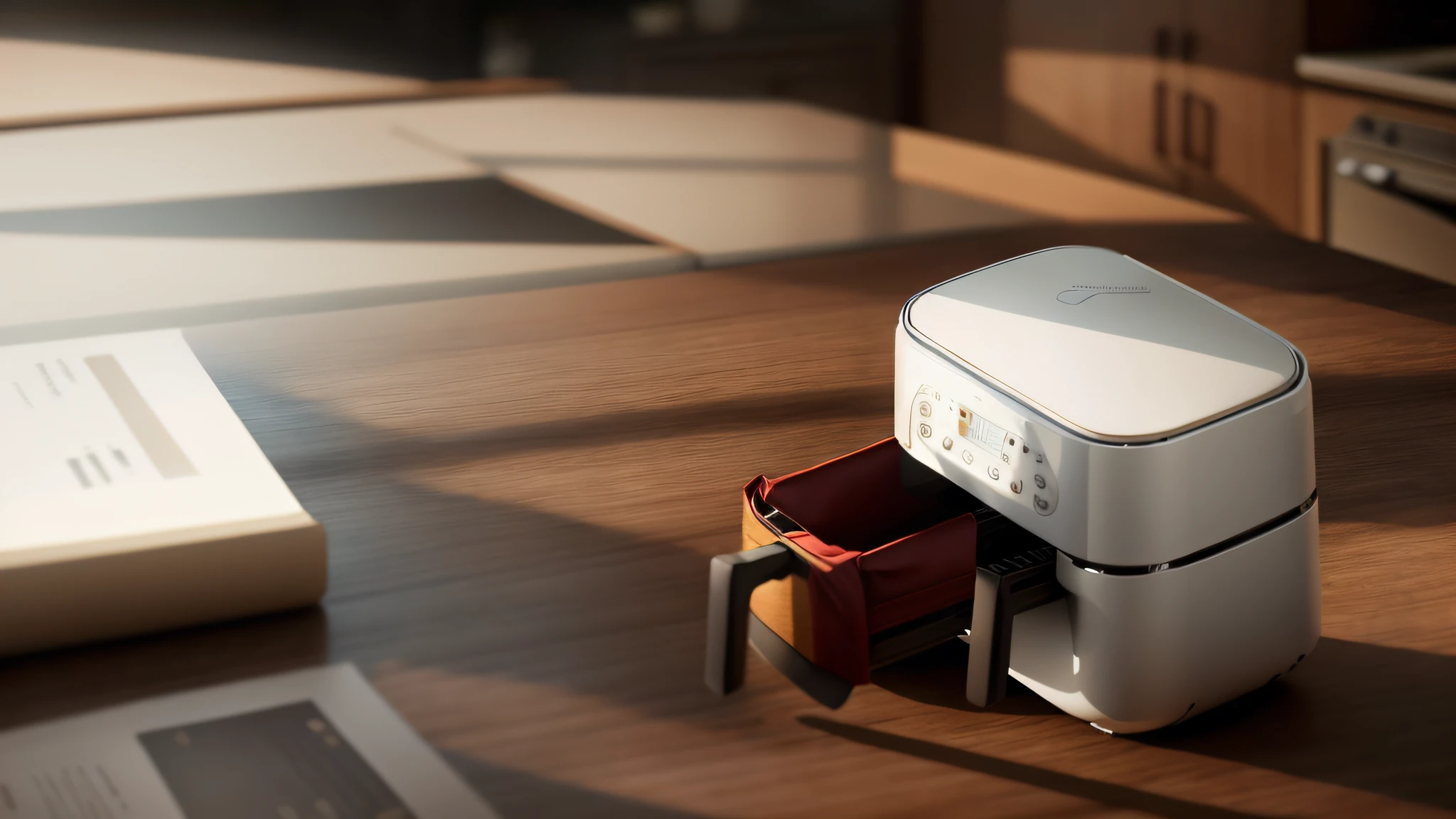 Air fryer placed on the table,Interior design of modern style, Realistic, Photorealistic, 8K, strong light on meeting table,Chiaroscuro, hyper HD, Best picture quality ,realisticlying,Foto realism,cupboard,Lens perspective blur,Bright lights,Realistic lighting