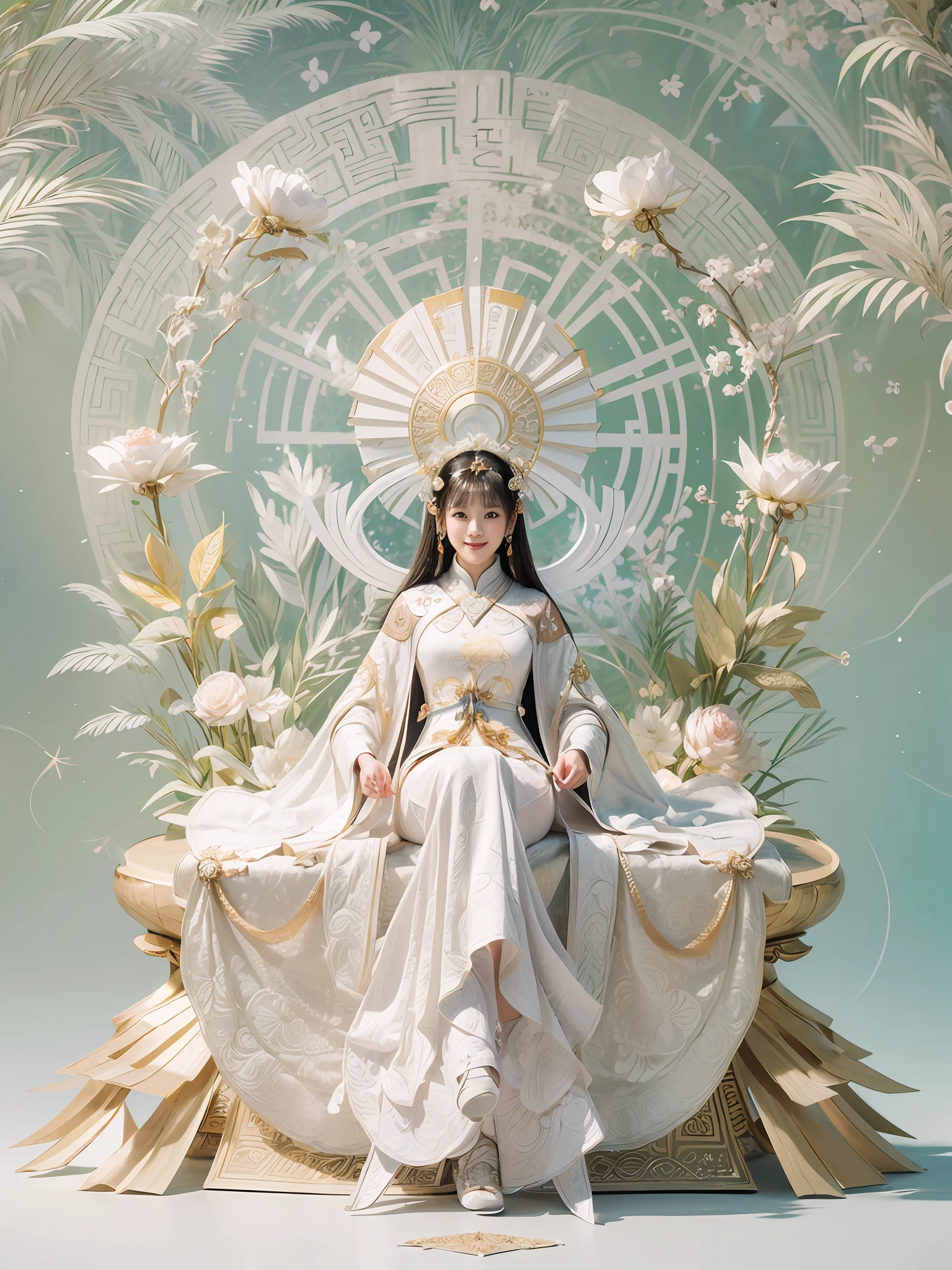 (illustration:1.4, paper art, Quilted paper art, geomerty),rotational symmetry, (full-body shot:1.4), (Chang'e , halo, exquisite headdress, smile), White background,  (Chinese colors, senior color matching), ( bokeh, Out of Focus, Soft Lighting, movie lighting, God Ray, UHD)