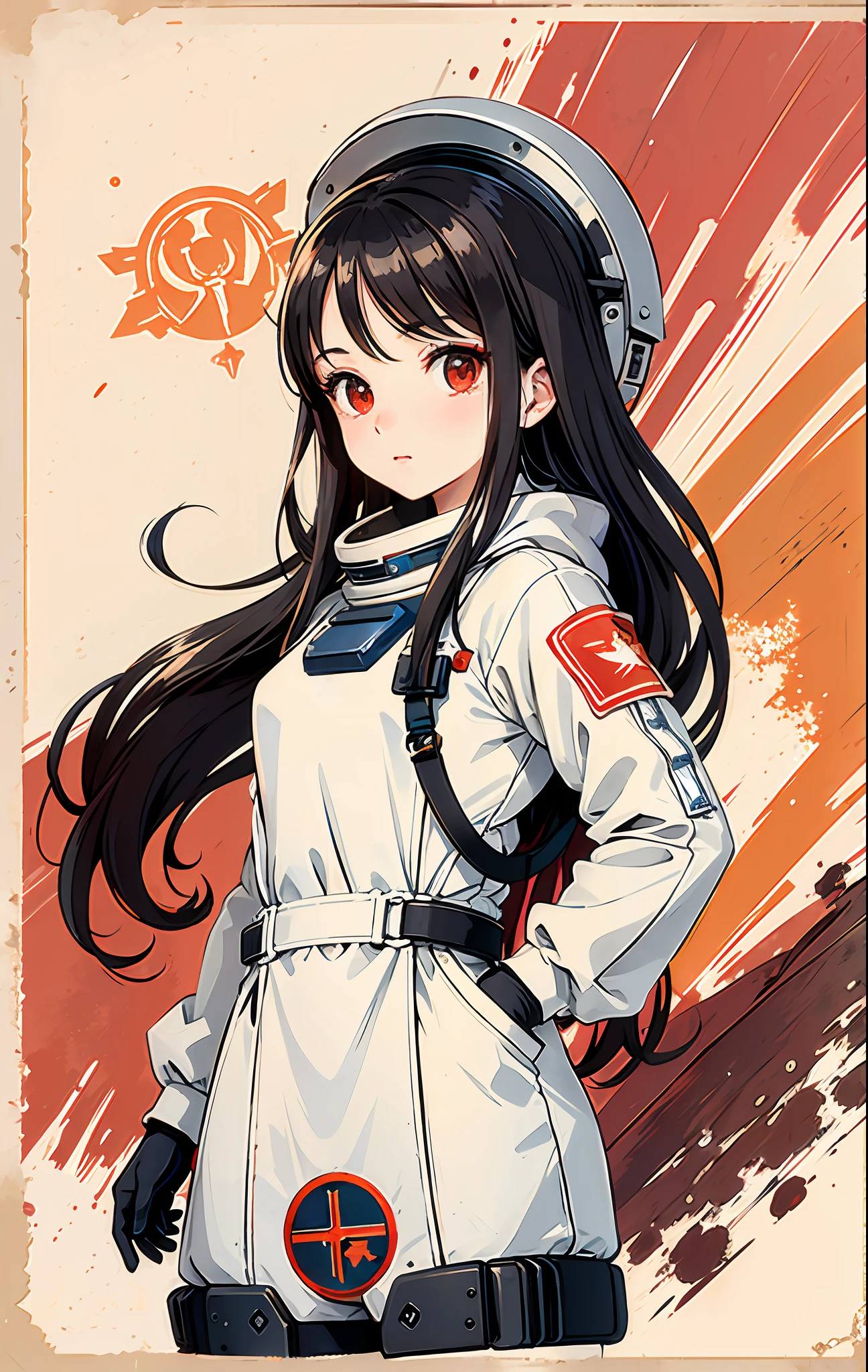 1girl, flat chested, cute, beautiful detailed eyes, shiny hair, visible through the hair, hair between the eyes, CCCPposter, sovietposter, red monochrome, Soviet poster, USSR, communism, black hair, red eyes, vampire ,girl,small breasts,spacesuit:Orange_clothing_body:jumpsuit ), white_gloves, white_space shoes, white_helmet, CCCP scarlet letters on the top of the helmet, weightlessness, Side light, reflection, the person in the spacesuit is at the bottom left of the picture, right hand outstretched, right hand Gently touch the Salyut space station), the space station in the upper right corner of the screen, the reflected light of the sun, silver metal, red flag, brilliance, Soviet style, diffuse reflection, metal texture, blue earth in the distance, mech style, star sea, high-profile, majestic