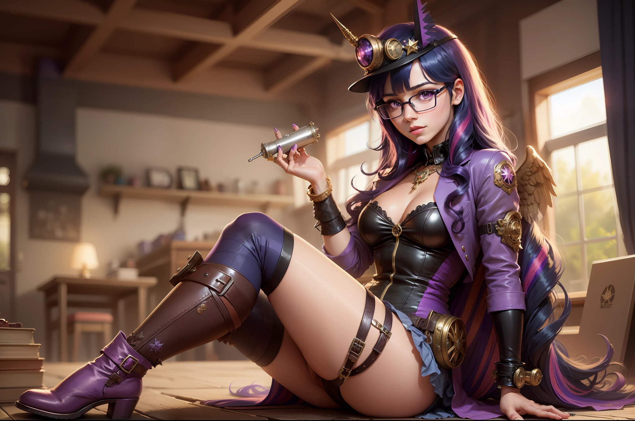 Twilight Sparkle, Twilight Sparkle from My Little Pony, Twilight Sparkle in the form of a girl, long hair, lush hair, Steampunk, body from steampunk mechanisms, golden gears, not human, gear leather, purple boots, full-length, purple wings, big angel wings purple, steampunk style, purple magic, a lot of magic, star nets, best quality, very detailed, ultra 8k resolution
