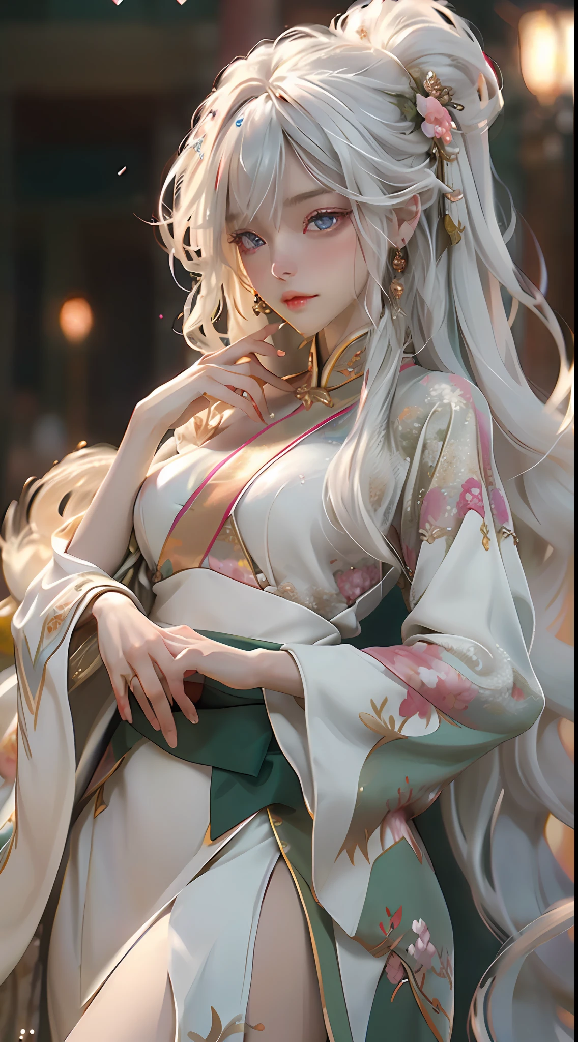There is a girl in a green dress, plum blossoms, palaces, oriental architecture ray tracing, {best quality}, {{masterpiece}}, extremely detailed 8K wallpaper, {an extremely delicate and beautiful}, colorful, intricately detailed, Realistic, real, camera quality, (detailed depiction of clothes), cool white skin, (detailed depiction of blush), 1080p, sun, soft cuteness, smooth light silver hair, messy beauty, lighting, broken feeling, bright and silky skin , 3D stereoscopic, masterpiece, best quality, super fine illustration, beautiful eyes, very fine light, fine glow, very fine 8K CG wallpaper, peach eyes, red pupils, an extremely delicate and beautiful girl, 8k Wallpaper, best quality, full body close-up, white long dress, luxurious silky bright red chiffon floodlight (magic, glitter, ultra-thin, soft,) Hanfu