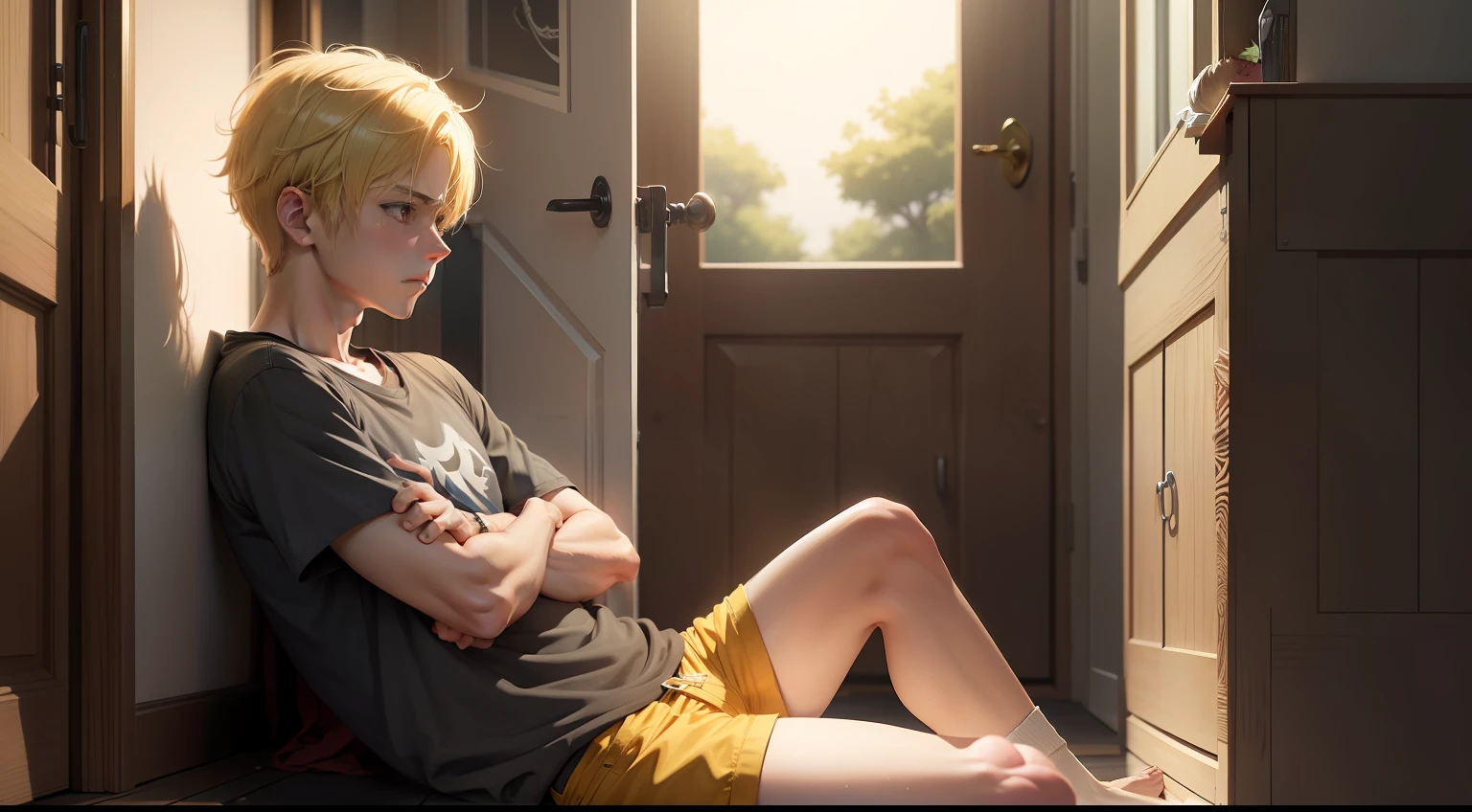 The blond man sat in the doorway, Very attentive and attentive to think about problems,Very deep wearing yellow shorts, Guviz-style artwork, blonde boy with yellow eyes, Anime. Soft lighting, drawn in anime painter studio, realistic anime artstyle, anime realism style, made with anime painter studio, Digital anime illustration, Anime realism, blond boy, realistic art style, Anime boy, Detailed digital anime art