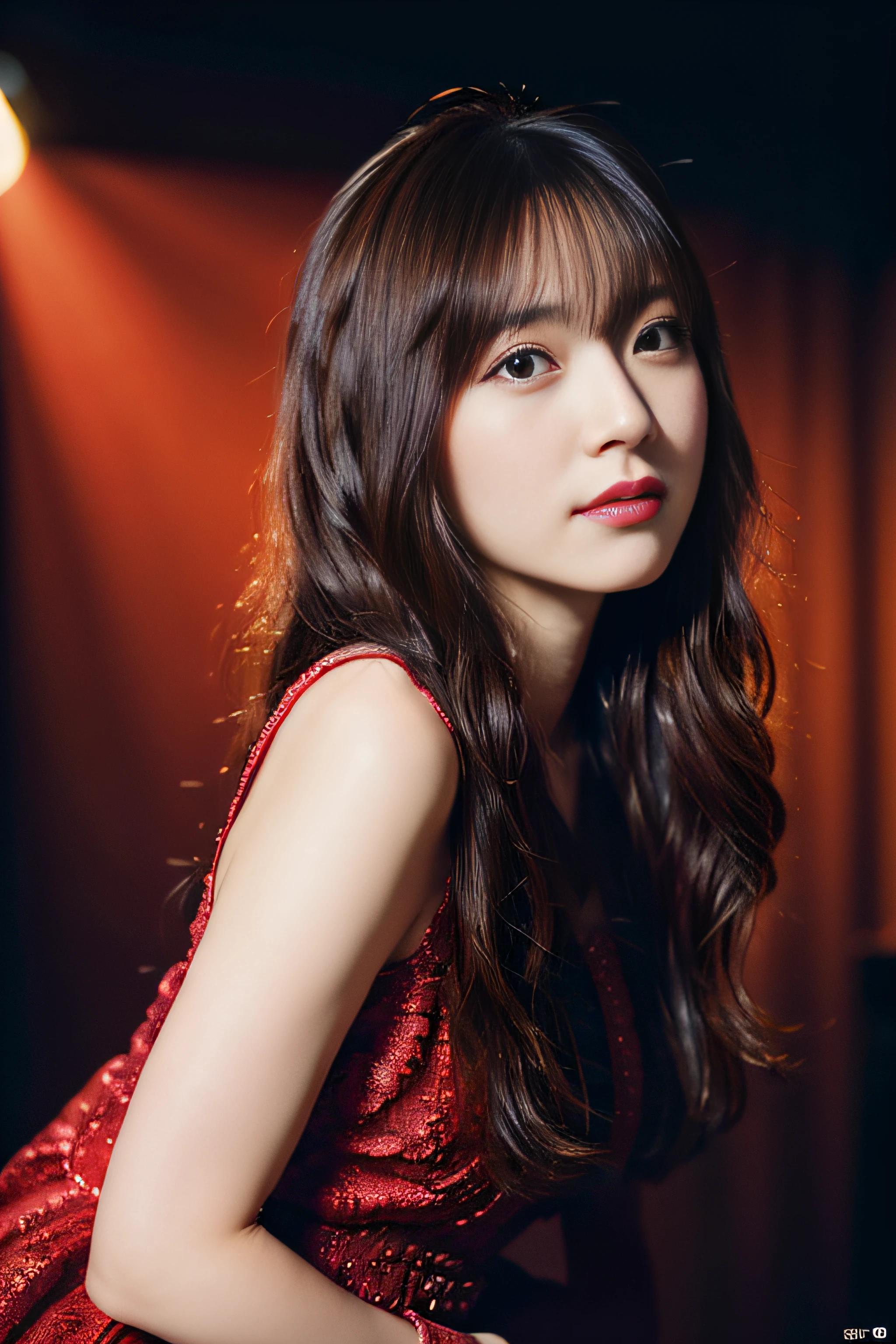 (A hyper-realistic), (illustratio), (hight resolution), (8K), (ighly detailed),((Red spotlight))、(beautiful and delicate eyes), (top-quality), (ighly detailed), (​masterpiece), (wall-paper), (详细的脸), 独奏, 1 girl in, looking at the viewers, finely detail, 详细的脸, In the Dark, (((deep-shadows, demure))), pureerosfaceace_v1, Bust, Transparent down, Cameto, long legged, thin-waist, s ass, Ultra-fine makeup, Ultra-fine clothing,