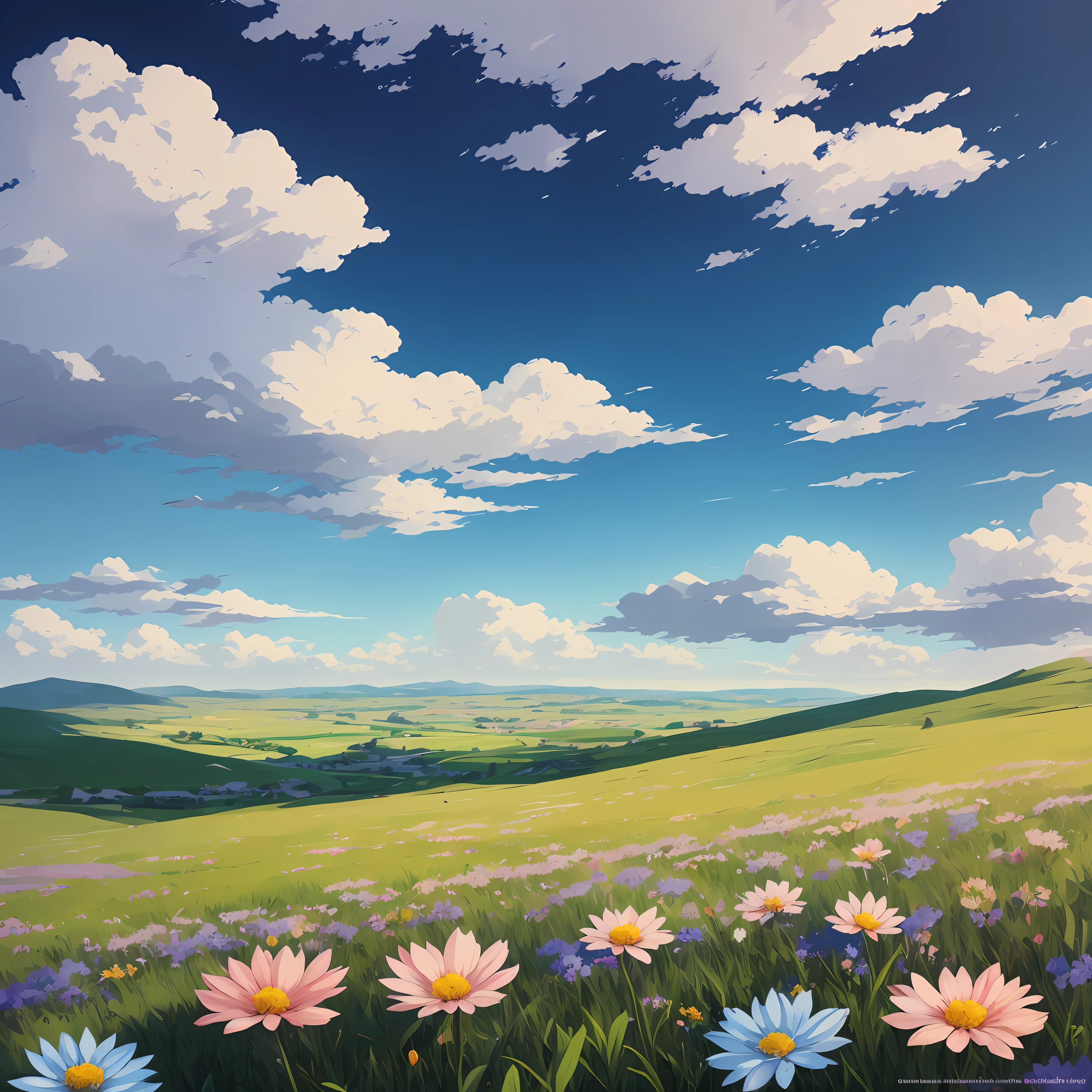 There is a field painting with flowers and clouds, anime countryside landscape, ross tran. scenery background, Anime landscape, Detailed scenery —width 672, anime landscape wallpapers, studio glibly makoto shinkai, Makoto Shinkai. —h 2160, Makoto Shinkai's style, beautiful anime scenery, Anime landscapes, Anime background art
