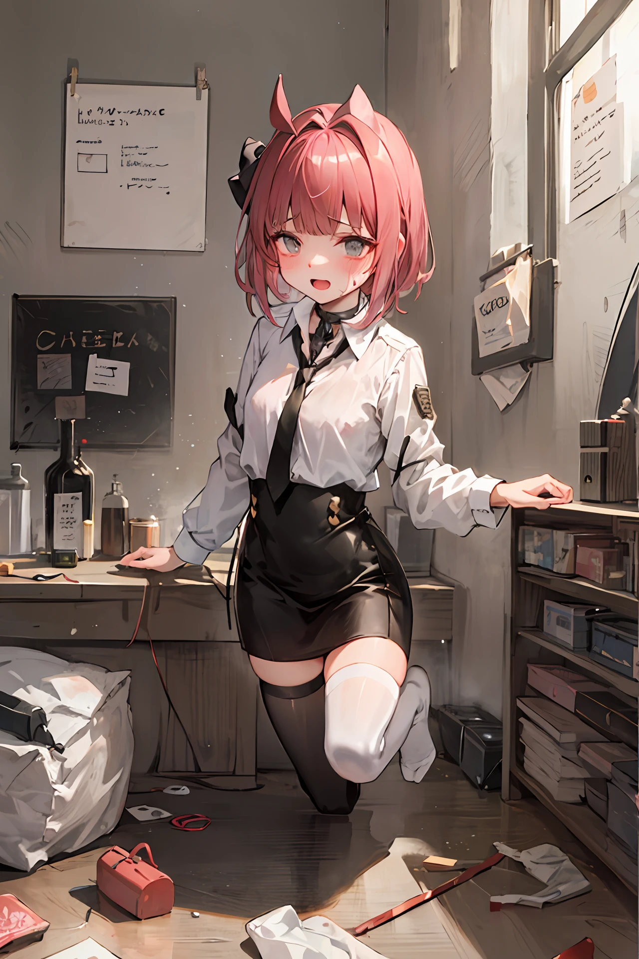 (top-quality, masterpiece: 1.1), (fidelity: 1.4), 1girl in, The upper part of the body, Bery short hair, studio,BDSM,slave,Black underwear、Ripped clothes、Oversized clothing、Chain around the neck、fetters、shackles、blindfolds、humiliated、insult、shame、Heartbreaking cry、Plump lips、Fleshy lips、Pang、Lacerations、bleed、droolng、Sweaty、Full body posture、Torn tights、defeat、Feeling of sadness、red blush、Excited look、Breathing rough、