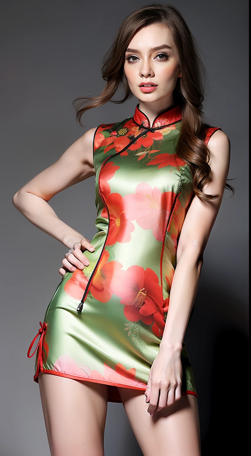 (Hyper Real), (illustratio), (A high resolution), (8K), (The is very detailed), (Most Best Illustration), (美丽细致的眼睛), (best qualtiy), (ultra - detailed), (tmasterpiece), (the wallpaper), (详细的脸), Sagging eyes, long whitr hair,huge tit,on cheongsam,Chinese style clothes,The background is indoors,(camel-toe)