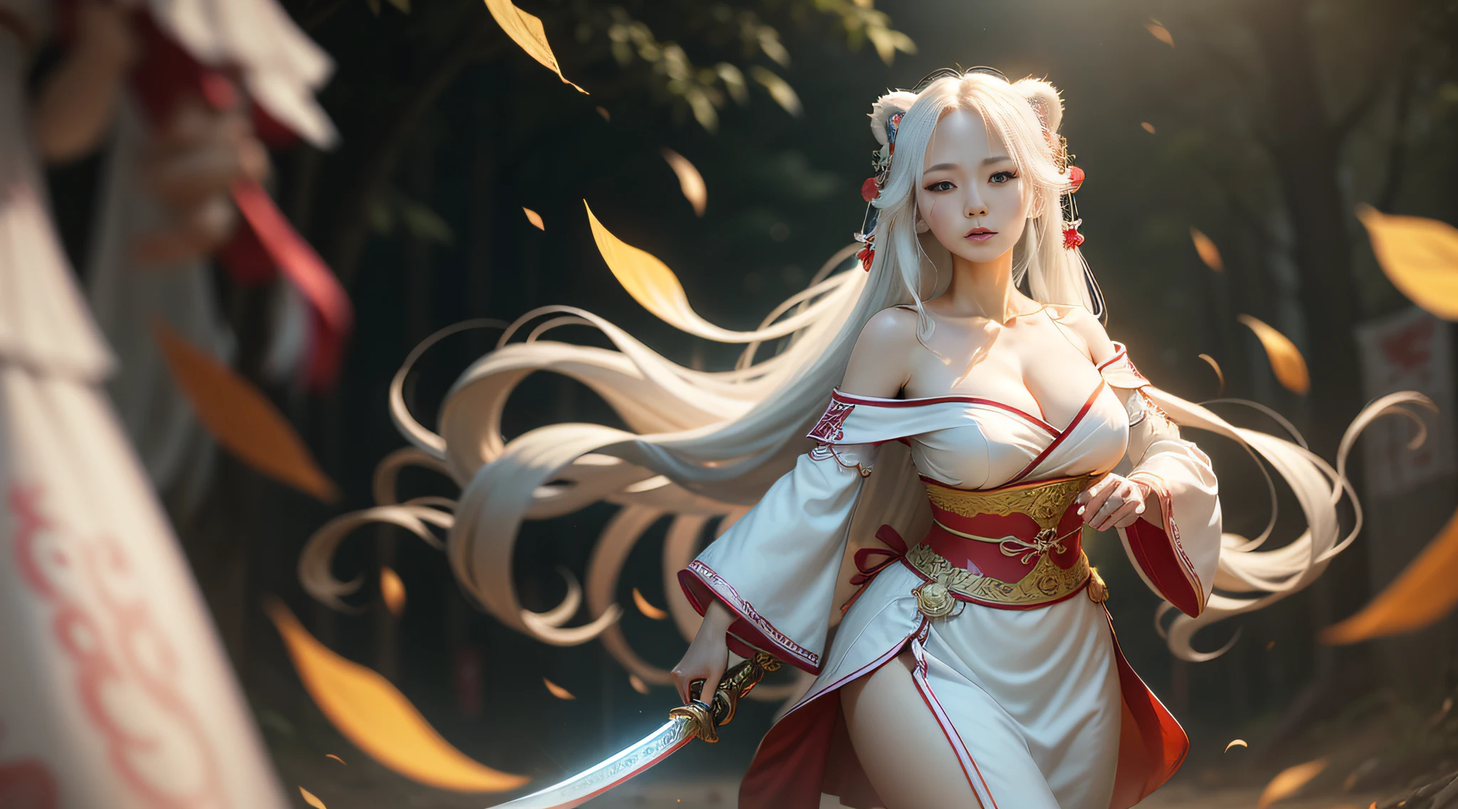 of a white dress,Colorful woman with super long hair, Colorful Hanfu, Off-the-shoulder attire,Exposed cleavage,Expose the collarbone,huge tit,realskin,realisticlying,lion dance,Practice martial arts,Sword dance,Siamese white tights,No shoes,Top image quality,Mechanism light and shadow,Bokeh,