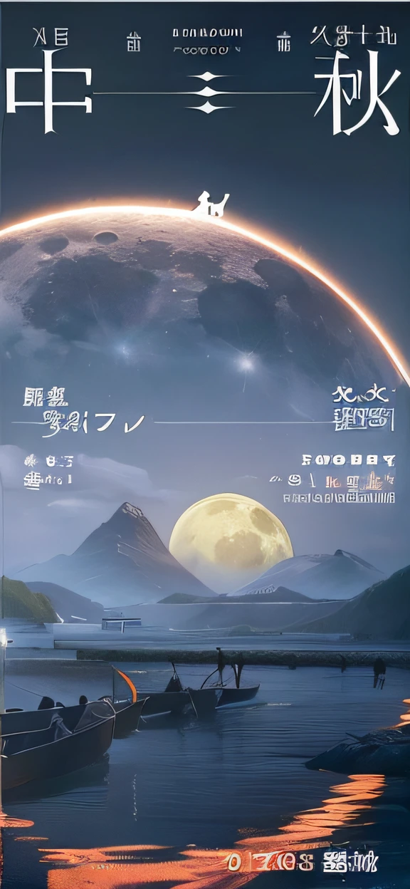 At the bottom of the poster is a small boat carrying people forward,There are boatmen rowing,There is a mountain in the middle,There is a full moon in the middle,Moon, There is the shape of the earth,There are two rabbit silhouettes on Earth,Are there still some dark clouds in the picture?,Chiba Yuda, ☁🌪🌙👩🏾, Lunar, Middle Metaverse, (Moon in the background), Behind the moon, album covers, moon mission