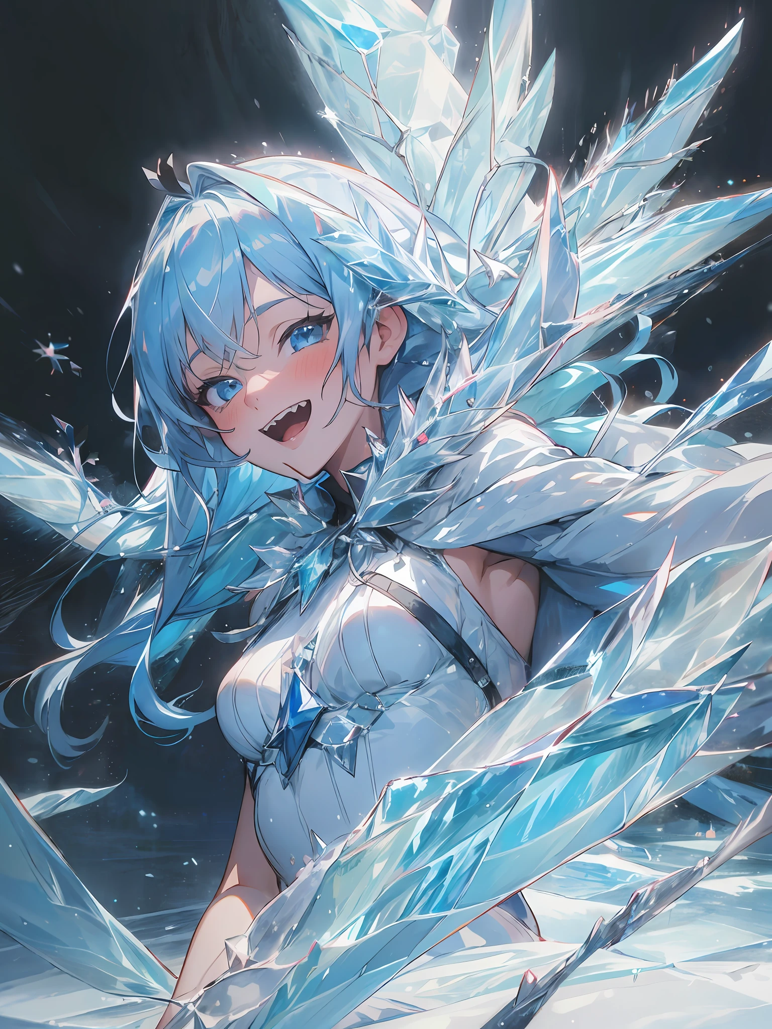 (1girl in, Solo:1.4), masutepiece, Best Quality, ultra-detailliert, hight resolution, the Extremely Detailed CG Unity 8K Wallpapers, Perfect Lighting, Very detailed background, Beautiful and aesthetic,fantasy illustrations,(ice effect:2), (Anime Art:1.5), (portfolio:1.3), Girl standing in a vast snowfield、lightblue hair、Longhaire、Long bangs、Crystal clear beautiful hair、small tits、Fur coat, Jagged teeth、Tooth bare and smile、Lifelike face、real looking skin、Large amount of ice、Wings of Ice、(snow blowing:1.5)、ice crystal、high-level image quality、zoomout,