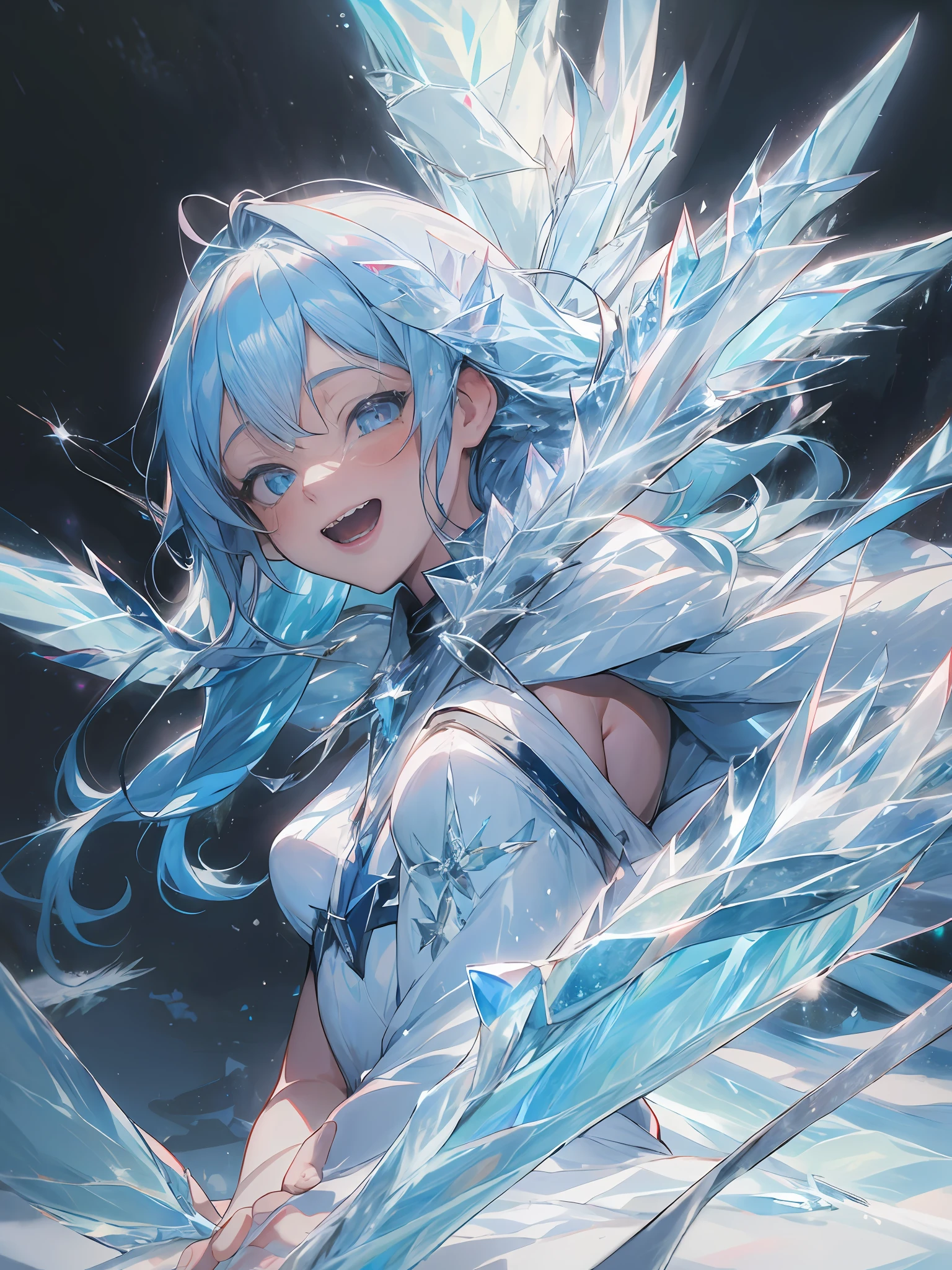 (1girl in, Solo:1.4), masutepiece, Best Quality, ultra-detailliert, hight resolution, the Extremely Detailed CG Unity 8K Wallpapers, Perfect Lighting, Very detailed background, Beautiful and aesthetic,fantasy illustrations,(ice effect:2),  (Anime Art:1.5), (portfolio:1.3), Girl standing in a vast snowfield、lightblue hair、Longhaire、Long bangs、Crystal clear beautiful hair、small tits、Fur coat, Jagged teeth、Tooth bare and smile、Lifelike face、real looking skin、Large amount of ice、Wings of Ice、(snow blowing:1.5)、ice crystal、high-level image quality、zoomout,