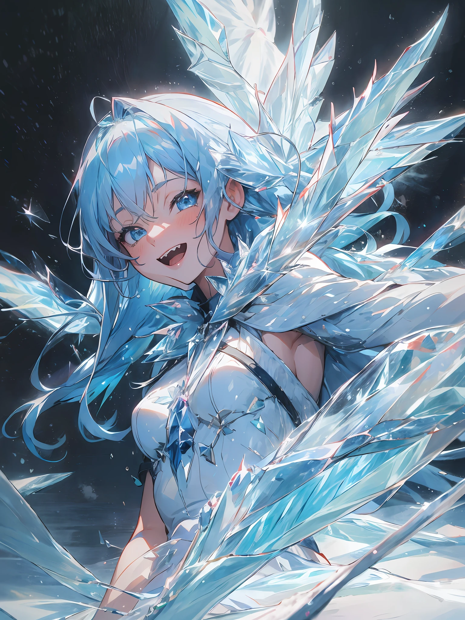 (1girl in, Solo:1.4), masutepiece, Best Quality, ultra-detailliert, hight resolution, the Extremely Detailed CG Unity 8K Wallpapers, Perfect Lighting, Very detailed background, Beautiful and aesthetic,fantasy illustrations,(ice effect:2), (Anime Art:1.5), (portfolio:1.3), Girl standing in a vast snowfield、lightblue hair、Longhaire、Long bangs、Crystal clear beautiful hair、small tits、Fur coat, Jagged teeth、Tooth bare and smile、Lifelike face、real looking skin、Large amount of ice、Wings of Ice、(snow blowing:1.5)、ice crystal、high-level image quality、zoomout,
