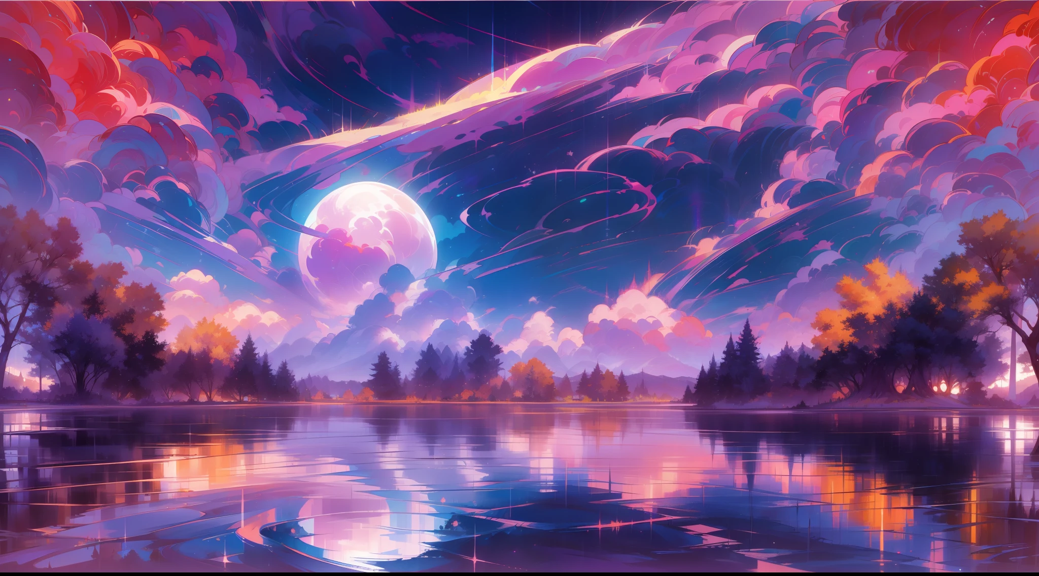 A surreal masterpiece，It presents beautiful and spectacular views in cool colors。Lakes and trees form the background，Accompanied by a gorgeous moon and fantastic sky reflections。The beautiful sky blends in with the color of the lake，Like a blue flame。This 8K picture creates a fantastic atmosphere，Colorful clouds are suspended in it，Create surreal visual experiences