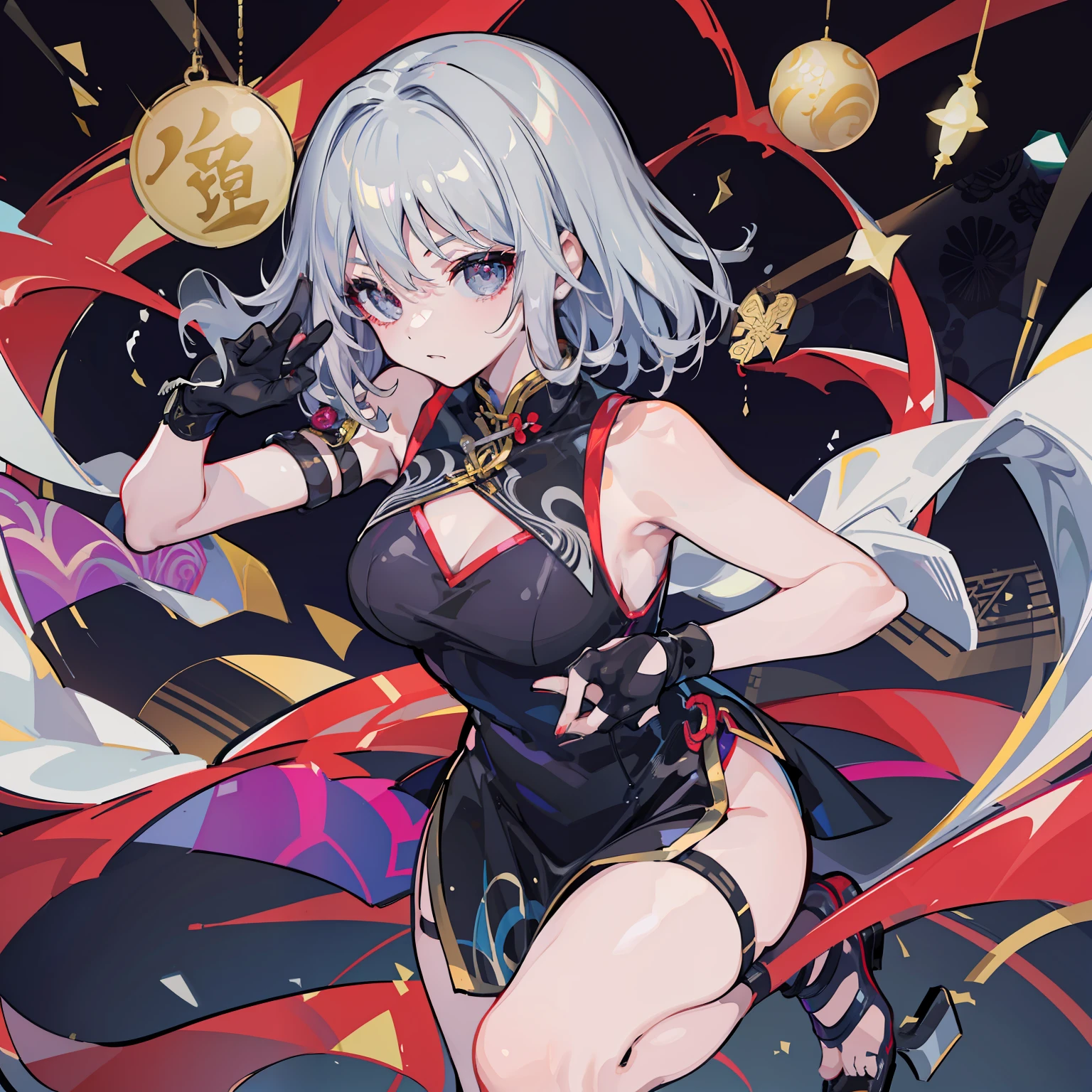 Young woman cheongsam illustration, masutepiece, Fine details, 4K, 8K, 12K, Solo, 1 person, Beautiful Girl, caucasian female, age19、Sixteen Nights 、Silver hair, Short, Black cheongsam、Black Gloves、Slit in clothes