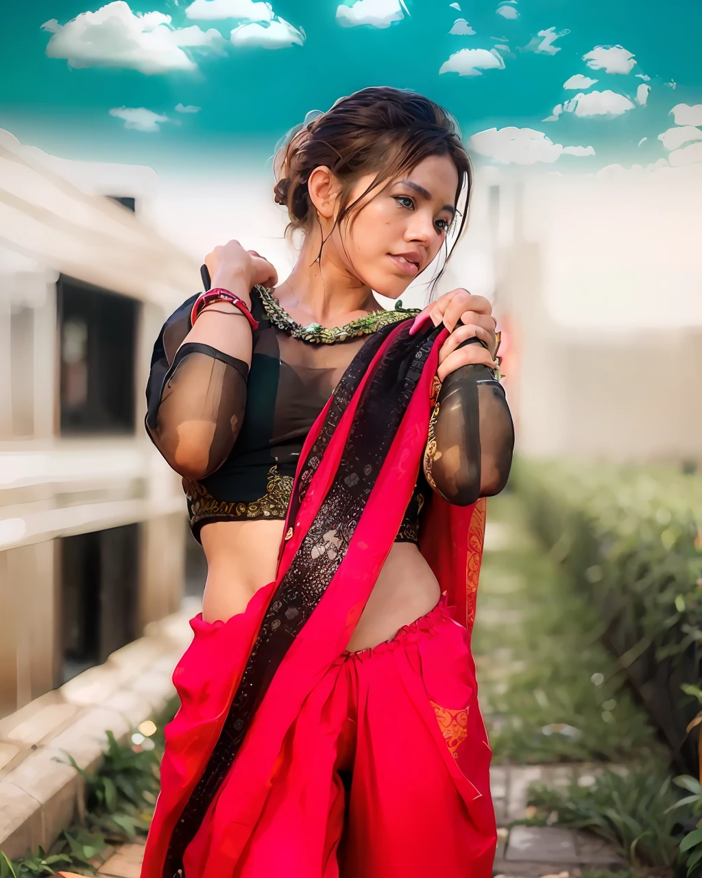 (best quality:1.4), (ultra highres:1.2), (photorealistic:1.4), (8k, RAW photo:1.2),(medium shot  :1.4), (brown eyes), girl walking on the street, wearing ( red ThaiElephantHaremPants:1.3),(white top:1.2), (nice shoes),(natural light),(rim light)