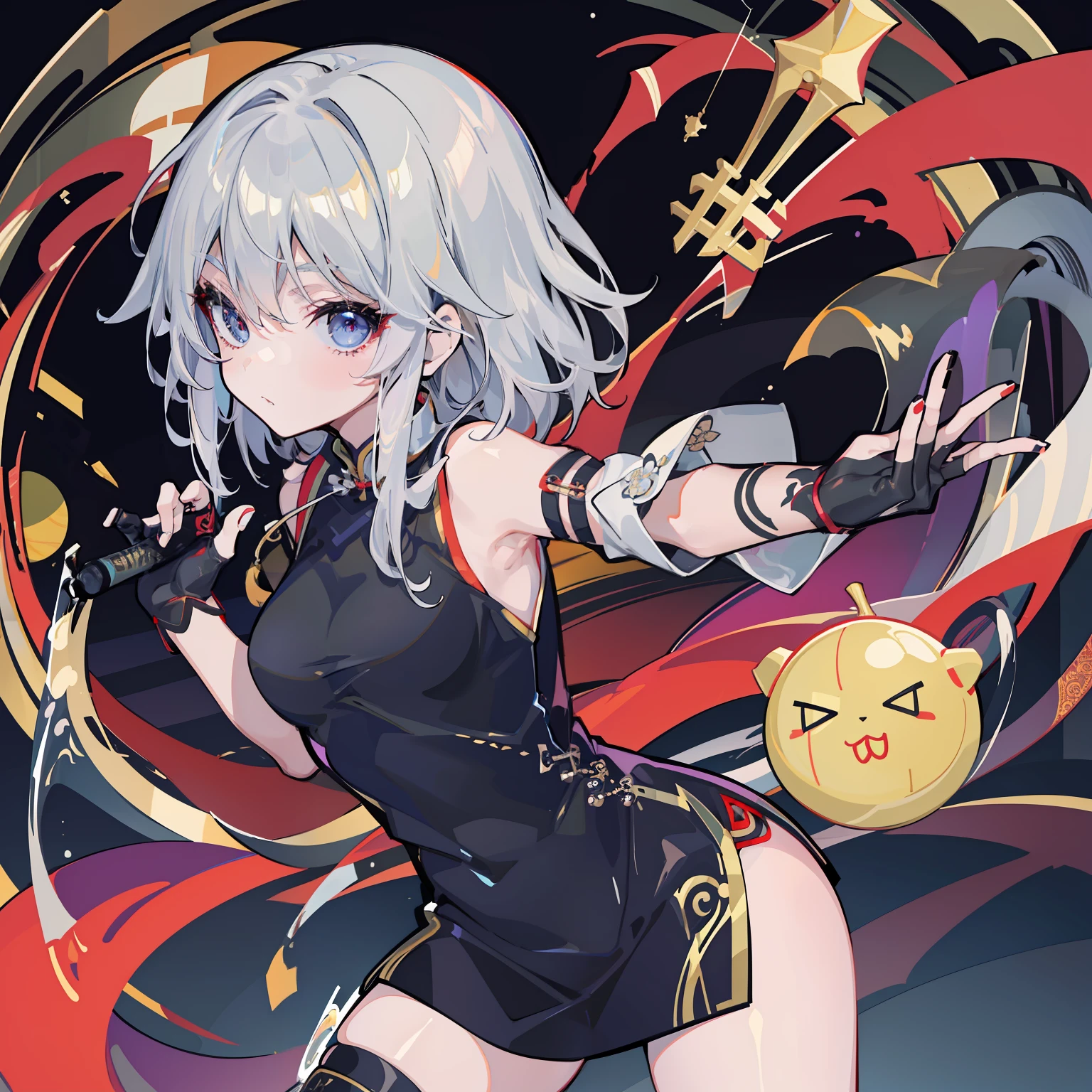 Young woman cheongsam illustration, masutepiece, Fine details, 4K, 8K, 12K, Solo, 1 person, Beautiful Girl, caucasian female, age19、Sixteen Nights 、Silver hair, Short, Black cheongsam、Black Gloves、Slit in clothes