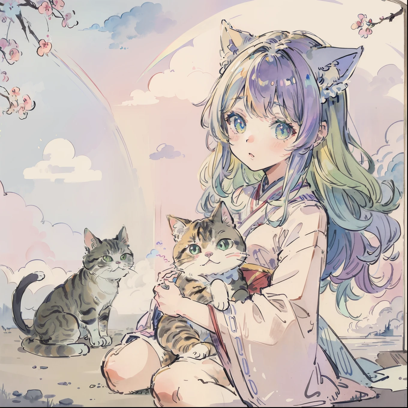 Yumekawa 、Cute as a dream、a pale、Moya、(masterpiece、top-quality、top-quality、watercolor paiting(Curly)、Take a cute cat、Official art、Beautifully Aesthetic:1.2)、(a beauty girl:1.3)、patterns、(rainbow-colored hair、colourful hair:1.2)、Soap bubbles、Rainbow behind、clouds、colourfull、Soap bubbles、Hair spreads throughout、kawaii、pastels、Large ribbon、Lovely room、Rainbow Cat Plush Toy