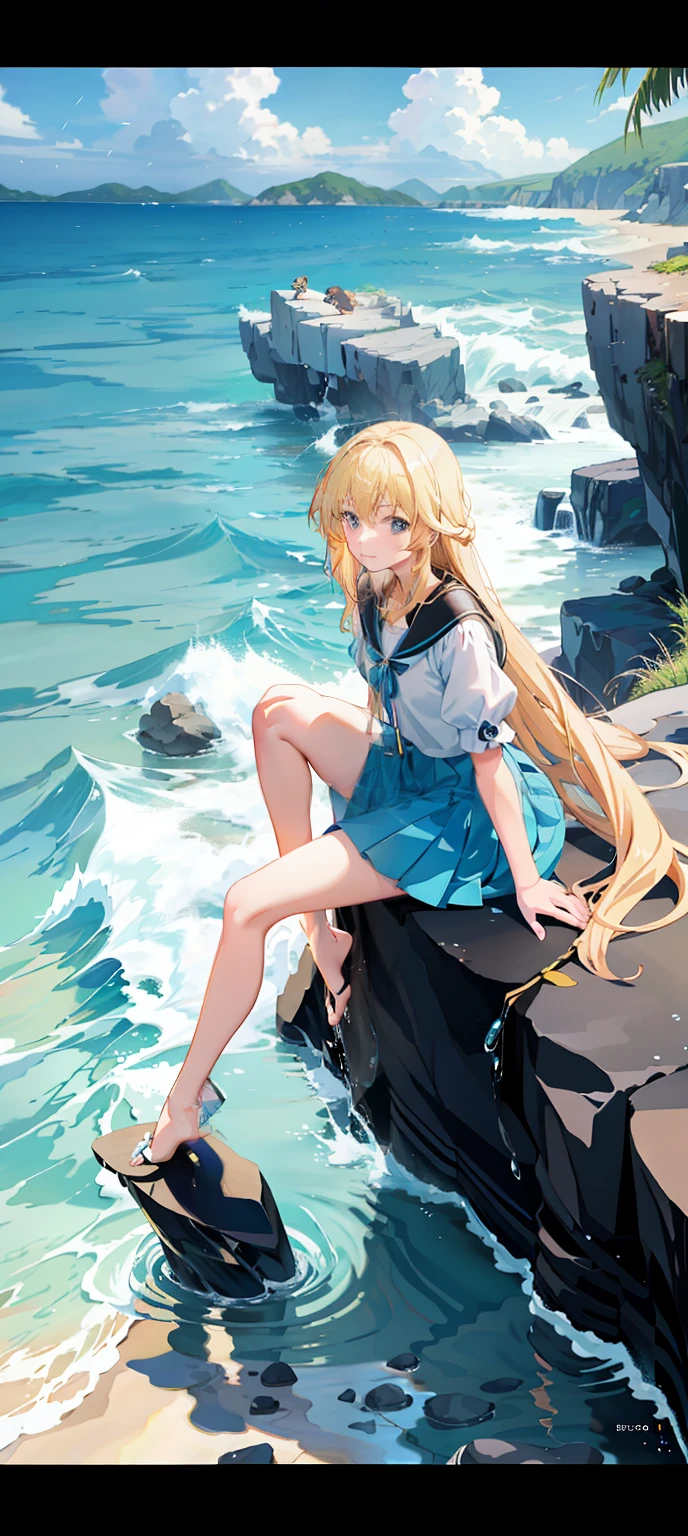 Anime girl sitting on rocks by the sea with dog, Blonde anime girl with long hair, wallpaper anime blue water, anime wallaper, Beautiful anime, Guviz, hd anime wallaper, Anime style. 8K, anime visual of a cute girl, Splash art anime Loli, drawn in anime painter studio, Smooth anime CG art