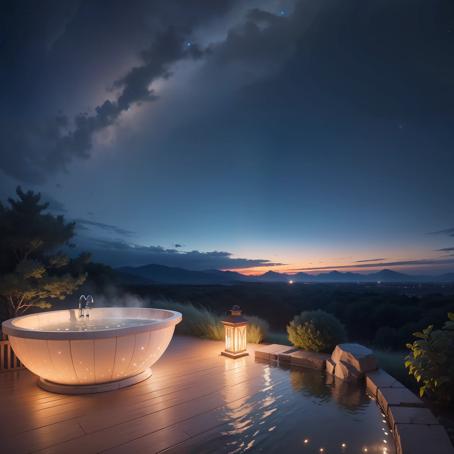 Huge open-air bath with a starry sky Superb view great outdoors top-quality masterpiece 超A high resolution Beautiful open-air bath
