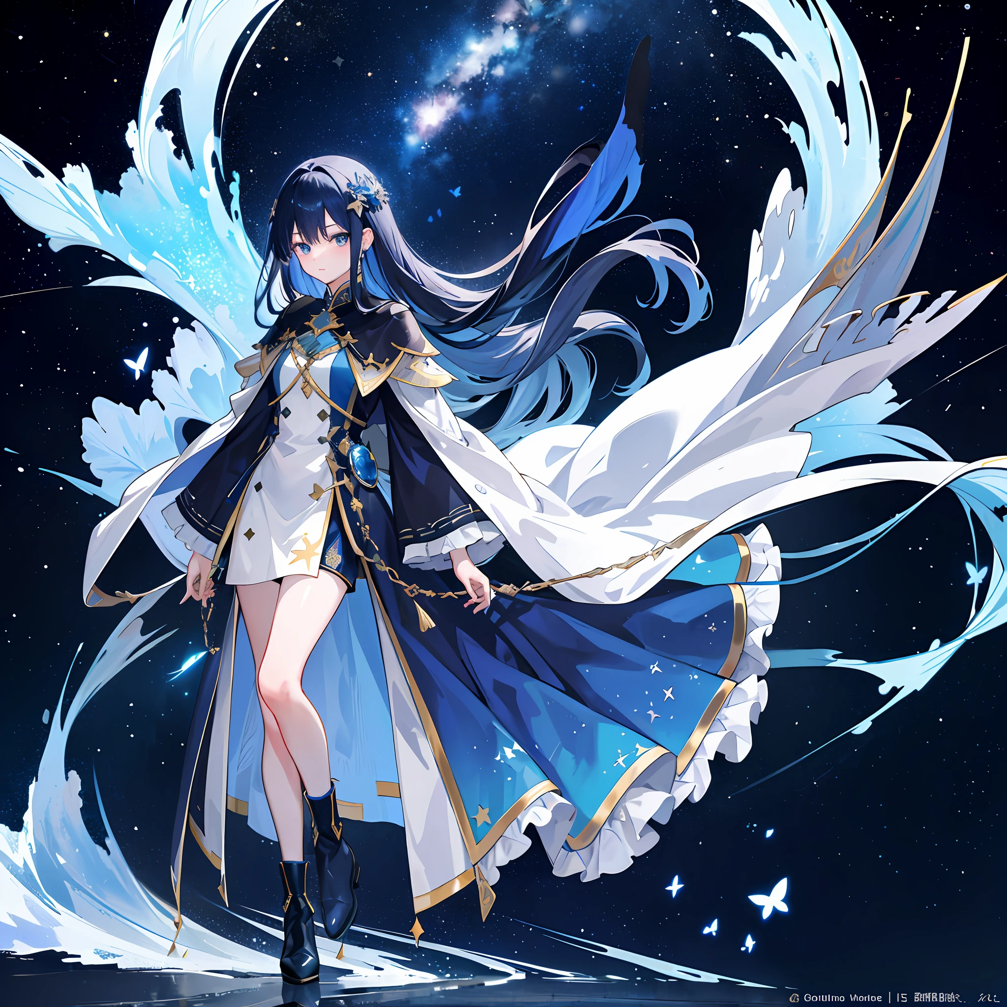 ((ultra - detailed)),((illustration)),((tmasterpiece)),(((Need))),((美丽细致的眼睛)),(the Extremely Detailed CG Unity 8K Wallpapers,best qualtiy,tmasterpiece),((4K,tmasterpiece,best qualtiy)),Slightly mature girl standing alone in the galaxy,Long dark blue hair,long whitr hair,The inside is navy blue,The outer side is dark blue,Long hair and waist,Dress with dark blue feather skirt,Dark blue cape shawl,Under the cloak are the stars,A sky full of stars,In the universe,Star eyes,Quiet,gyuru,There are many huge dark blue butterflies dotted with stars around,The river of stars surged under your feet,Whole body diagram,blacksilk,long skirt,Poor milk,Dark blue boots,Star hair ornaments