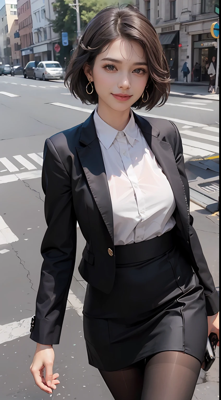 (8K, Best quality, Masterpiece:1.2),
(Realistic, photo-realistic:1.37),
Ultra-detailed,
1 girl, full bodyesbian, Outdoors, (Adjust hair:1.5)
Office Lady, black officeblazer, officeskirt, (Pantyhose:1.2), (short buttoneddownshirt:1.2), buttonedupcollarprim, buttoneddowncollarprim, Bra, (Pantyhose:1.2), alphalayers, high-heels,
Beautiful earrings,
Cute,
Solo,
Beautiful detailed sky,
(Smile:1.15),
(Closed mouth),
Small breasts,
Beautiful detailed eyes,
Business attire,
(Short hair:1.2),
Floating hair NovaFrogStyle,