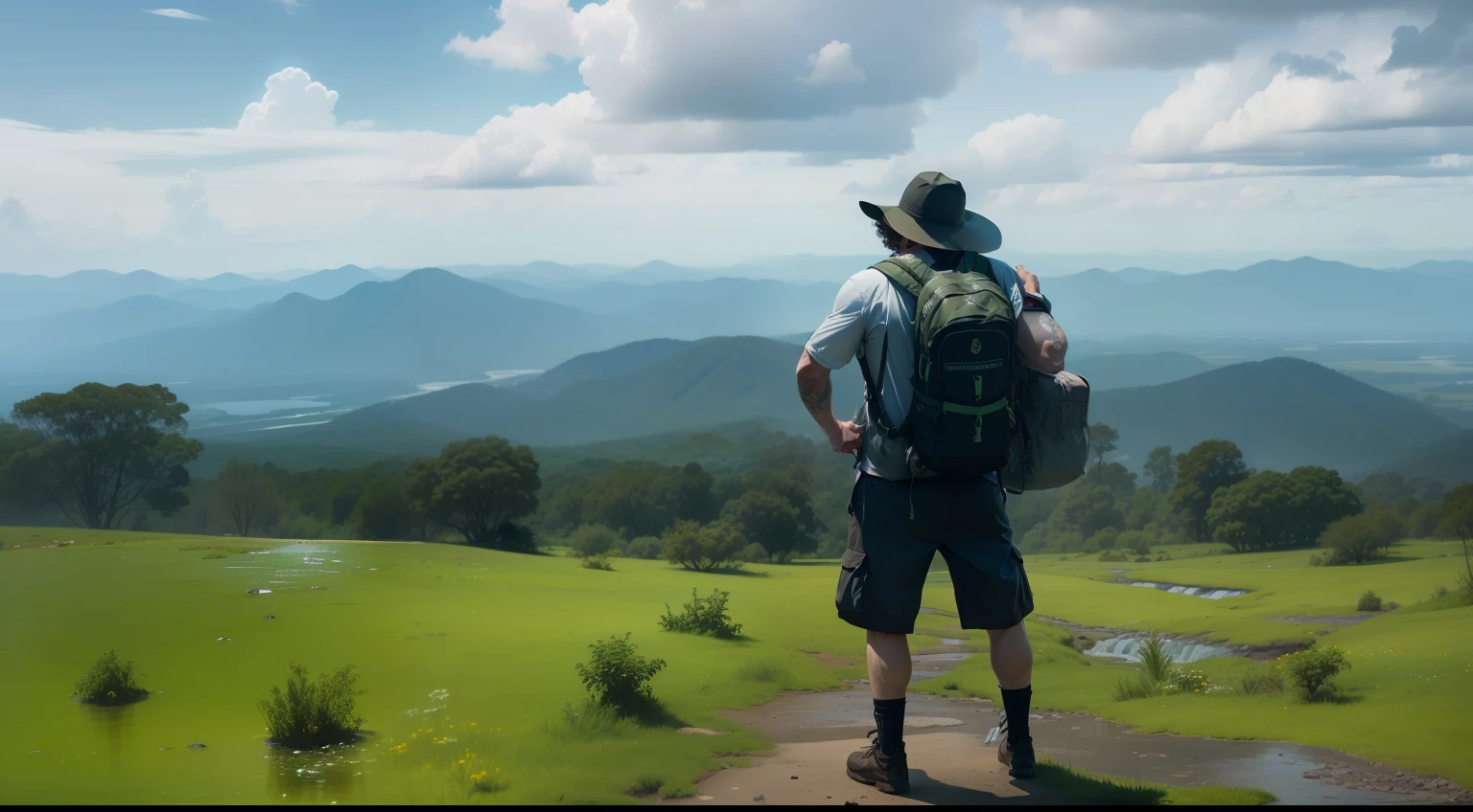 (8k, RAW photo, best quality, masterpiece: 1.2), (realistic, photorealistic: 1.37), a white man, muscular with some tattoos and scarring, carrying a backpack with several intens hanging from this muchila, the man has an adventurous style, curly brown hair, green eyes, extremely comfortable boots, he finds himself in a lost civilization, dark but at the same time full of much sunshine, Waterfalls, a lot of light in the water, in the leaves, complete detailing of vegetation and some butterflies with vibrant colors, a lot of brightness, professional lighting, photon mapping, radiosity, sky with few clouds, a lush landscape, this man is almost in profile, with one of his arms raised with his hand closed, indicating satisfaction and overcoming