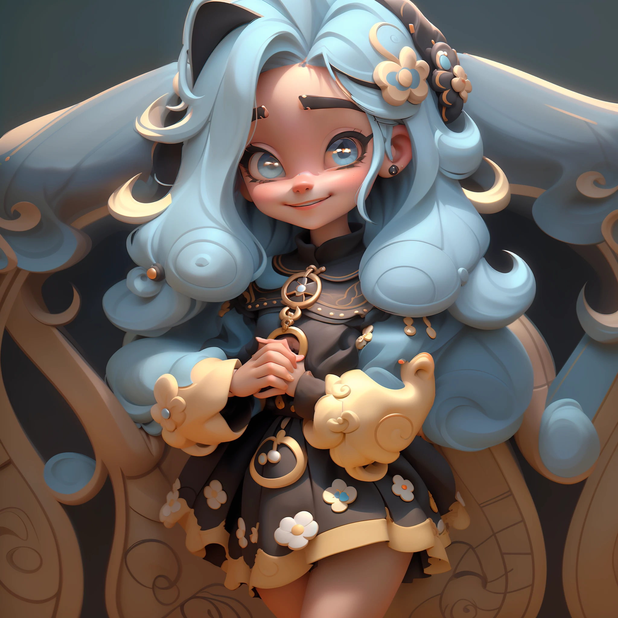 1menina, cabelo longo, sardas, olhos azuis, brincos, joias, solo, saia, olhando para o espectador, cabelo colorido, sorriso, cabelo muito longo, ornamento de cabelo estrela, jaqueta, fundo simples, ((disney style))