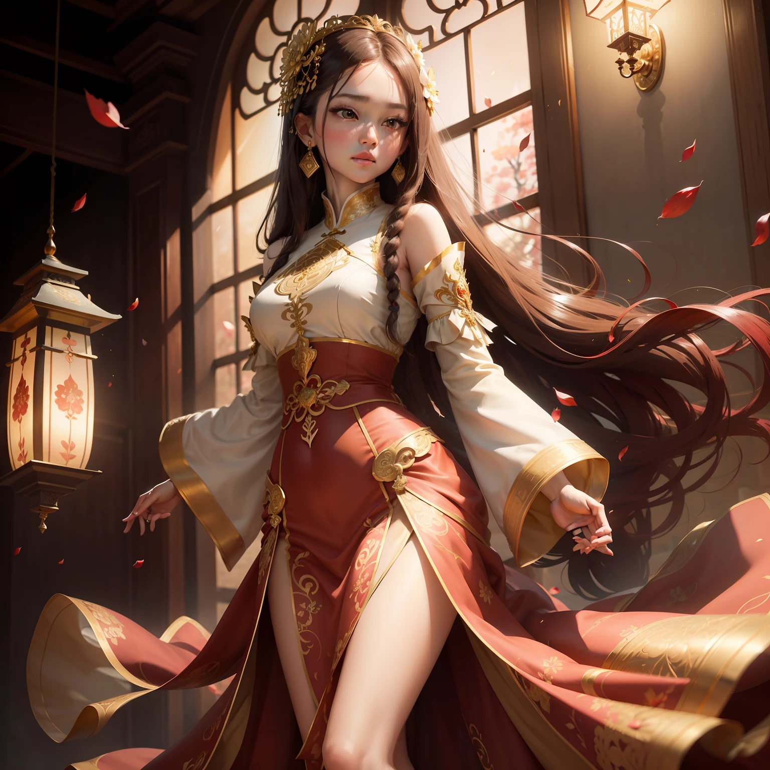 best quality, masterpiece, highres, (exquisite body:1.5),gorgeous face,(milky skin:1.3),intricate details,high resolution,wallpaper,
1girl, solo, dress, hair ornament, (((gold and red dress))), flowers, long hair, brown hair, closed mouth, jewelry, long sleeves, hand up, wide sleeves, big eyes,floating hair, chinese clothes, hanfu, embroidery, long skirt, natural pose, falling petals, indoor,fanning, lantern,
16K,HDR,highres,depth field,(film grain:1.1),boken,golden hour,(lens flare),vignette,rainbowing,(color grading:1.5)