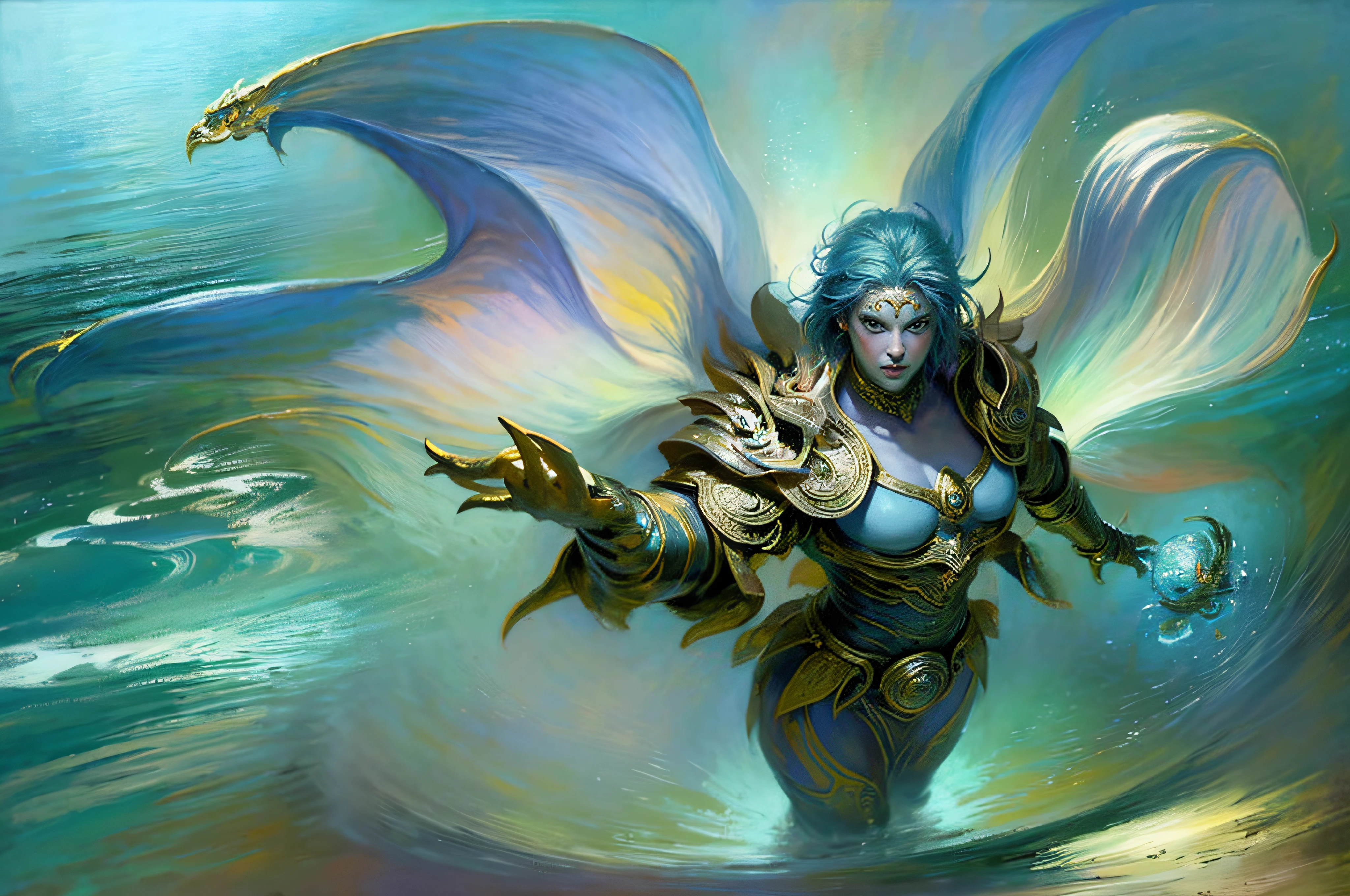 ruanjia,((facing away from the audience)),does not look at the viewer,looking at the distance,Looking down,((ultra-wide-angle)),((From above)),Overlooking,ssee-through,((over distances)),Poseidon,greek myth,Dutch angle,Facing away,Holding a weapon,With a spear,Light blue-green skin,((male people)),((Very short hair)),Short hair,full bodyesbian,Huge pectoral muscles,Muscle contouring,the god of the sea,Inarius flies in the sky in the style of a D14bl0,Blue-green sea,Being in the air,The background sea is huge,There are islands,From above,ssee-through,Depth of field