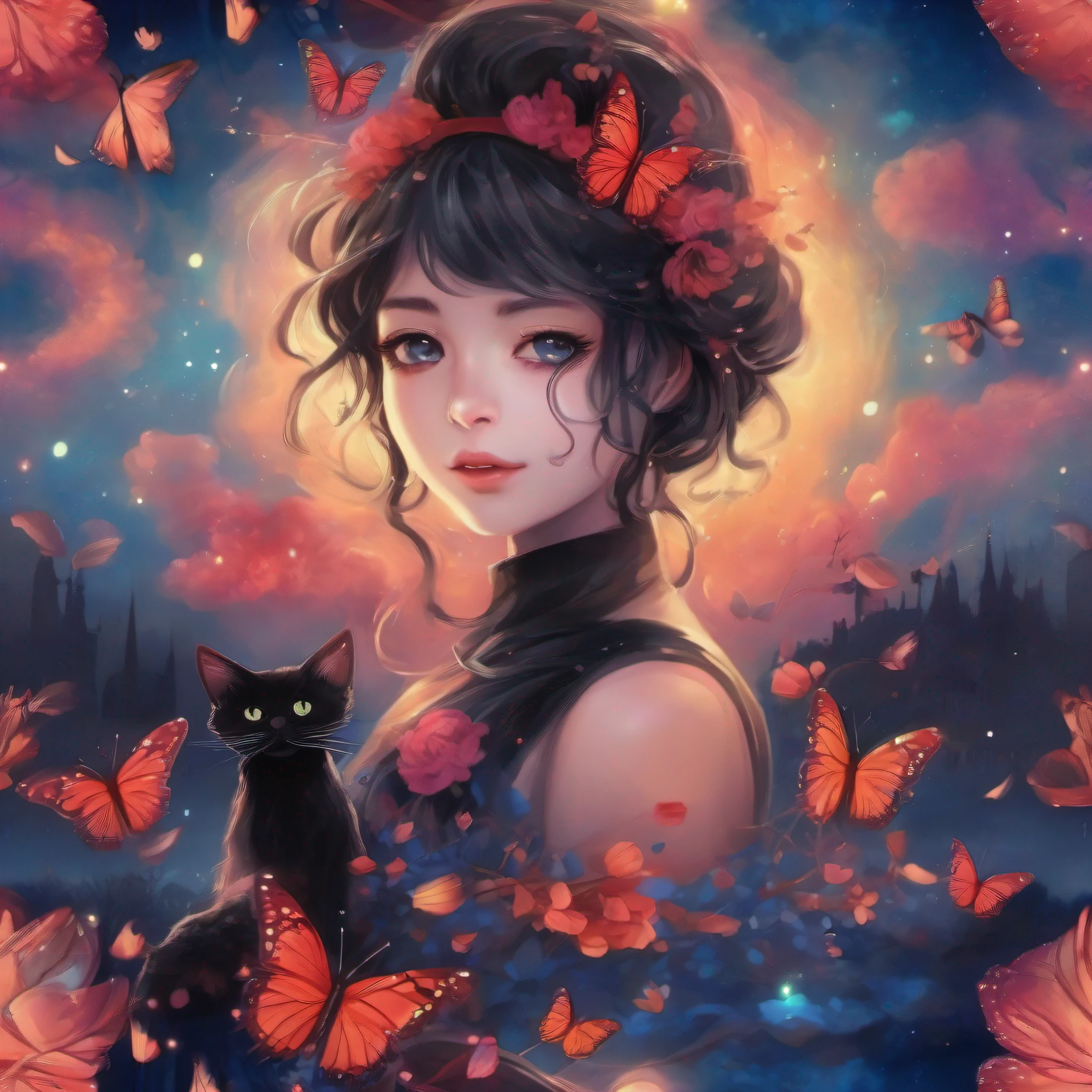 Panorama of a black candle-shaped castle with a glowing galaxy in the background. (A cat and an amazingly beautiful girl). A girl with a silk ribbon on the top of her head that looks like the wings of a large red butterfly. She is a black-eyed beauty wearing a blue-black camisole. 4K resolution acrylic paint. Spring outskirts Colorful flower petals dance in the sky. The pastel colorful background is near perfection.