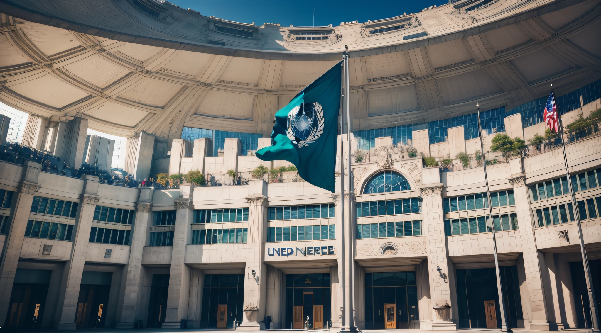 United Nations,The building is majestic,Multinational flags