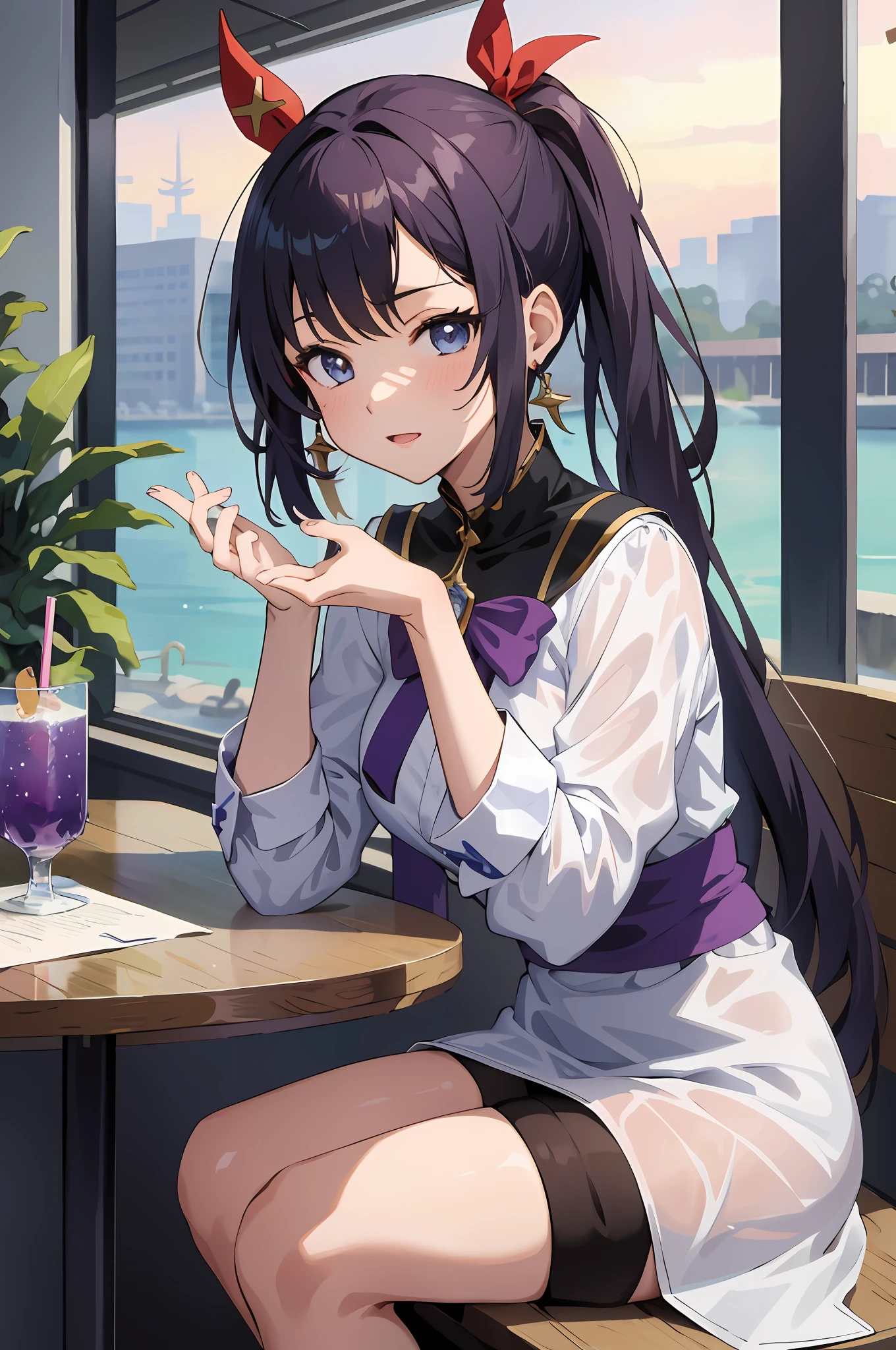 anime girl sitting at a table with a drink and a glass, anime moe artstyle, marin kitagawa fanart, anime visual of a cute girl, hanayamata, smooth anime cg art, seductive anime girl, attractive anime girl, beautiful anime girl, best anime 4k konachan wallpaper, anime style 4 k, cute anime waifu in a nice dress, very high quality, mona genshin impact