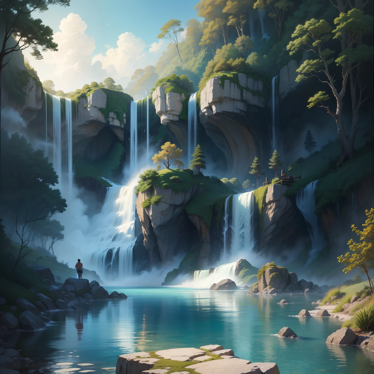 Scenery of the open-air bath painted in perfect quality　great outdoors　Superb view　floating in sky　huge waterfall　top-quality　​masterpiece　超A high resolution