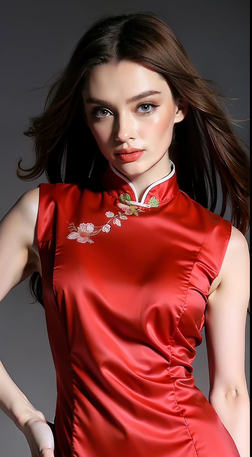 (Hyper Real), (illustratio), (A high resolution), (8K), (The is very detailed), (Most Best Illustration), (美丽细致的眼睛), (best qualtiy), (ultra - detailed), (tmasterpiece), (the wallpaper), (详细的脸), Sagging eyes, long whitr hair,huge tit,on cheongsam,Chinese style clothes,The background is indoors,(camel-toe)
