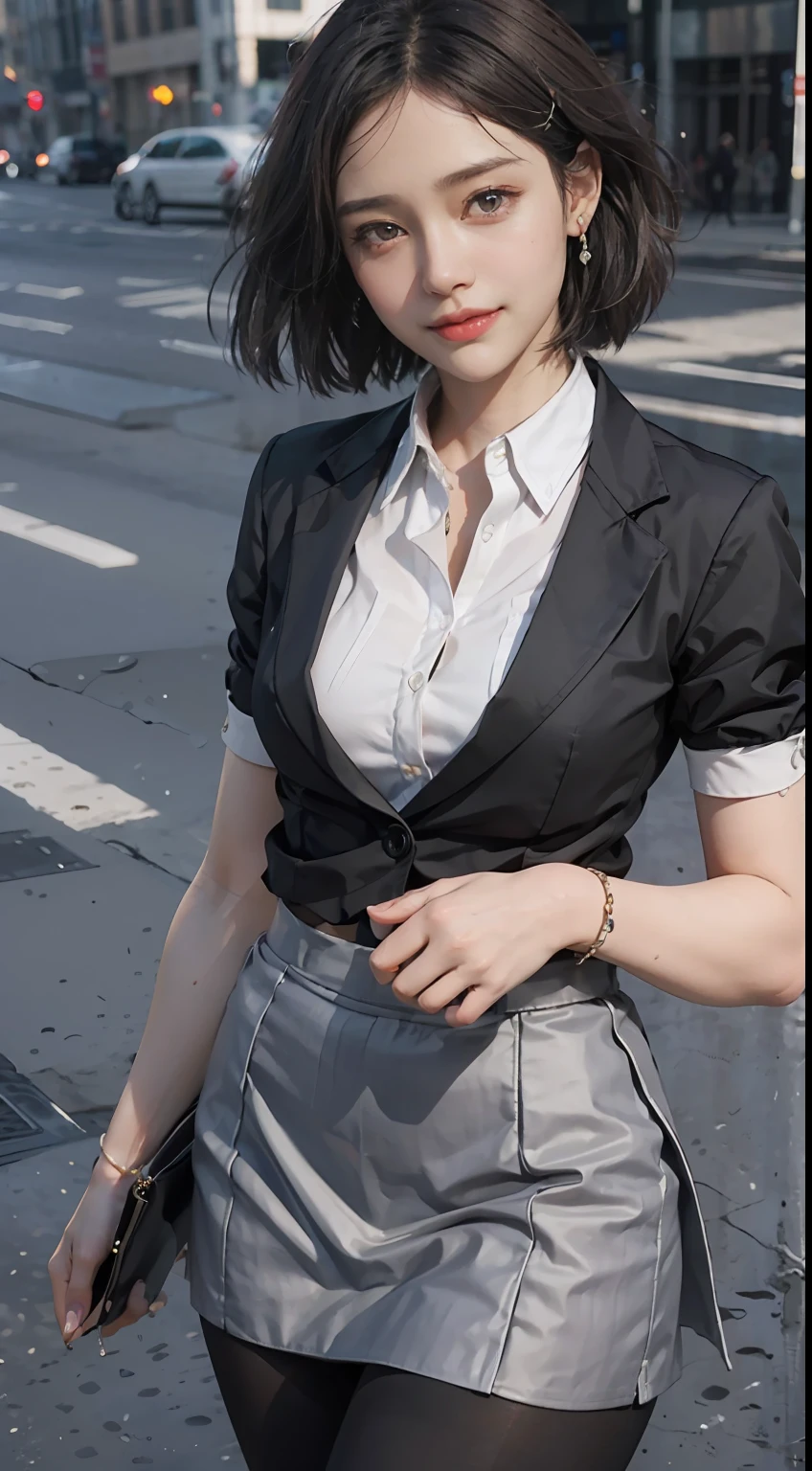 (8K, Best quality, Masterpiece:1.2),
(Realistic, photo-realistic:1.37),
Ultra-detailed,
1 girl, full bodyesbian, Outdoors, (Adjust hair:1.5)
Office Lady, black officeblazer, officeskirt, (Pantyhose:1.2), (short buttoneddownshirt:1.2), buttonedupcollarprim, buttoneddowncollarprim, Bra, (Pantyhose:1.2), alphalayers, high-heels,
Beautiful earrings,
Cute,
Solo,
Beautiful detailed sky,
(Smile:1.15),
(Closed mouth),
Small breasts,
Beautiful detailed eyes,
Business attire,Business wrap hip skirt
(Short hair:1.2),
Floating hair NovaFrogStyle,