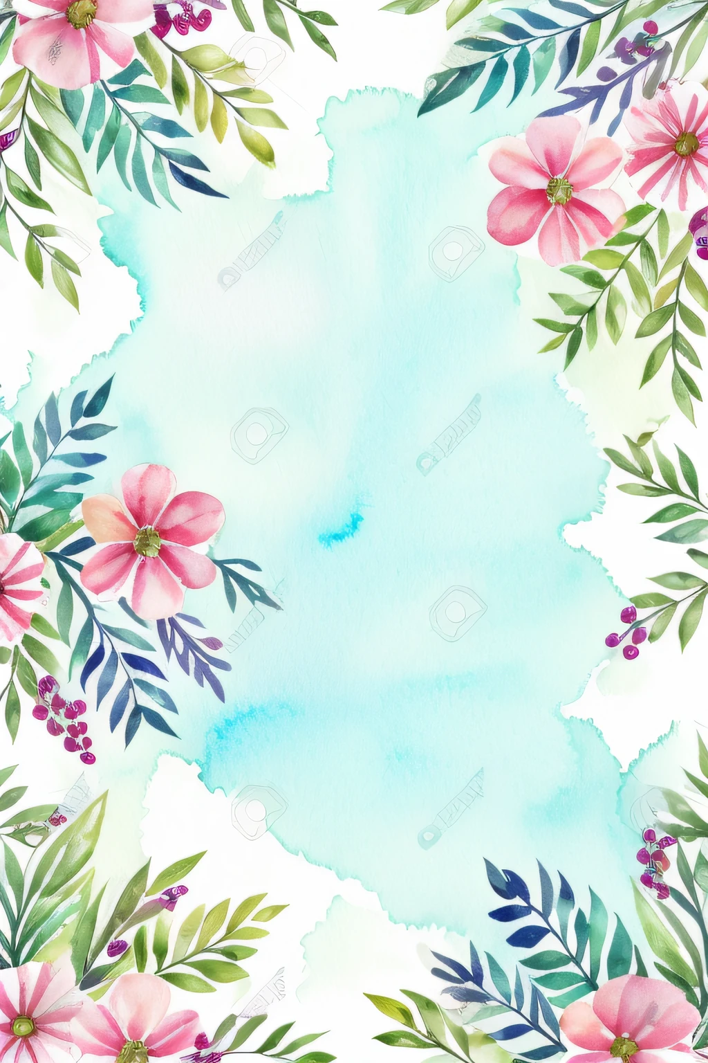 Watercolor pattern of beautiful flowers, berries,  ferns, Leaves,  Calm colors in #3b4195 color background. Watercolor paper texture.