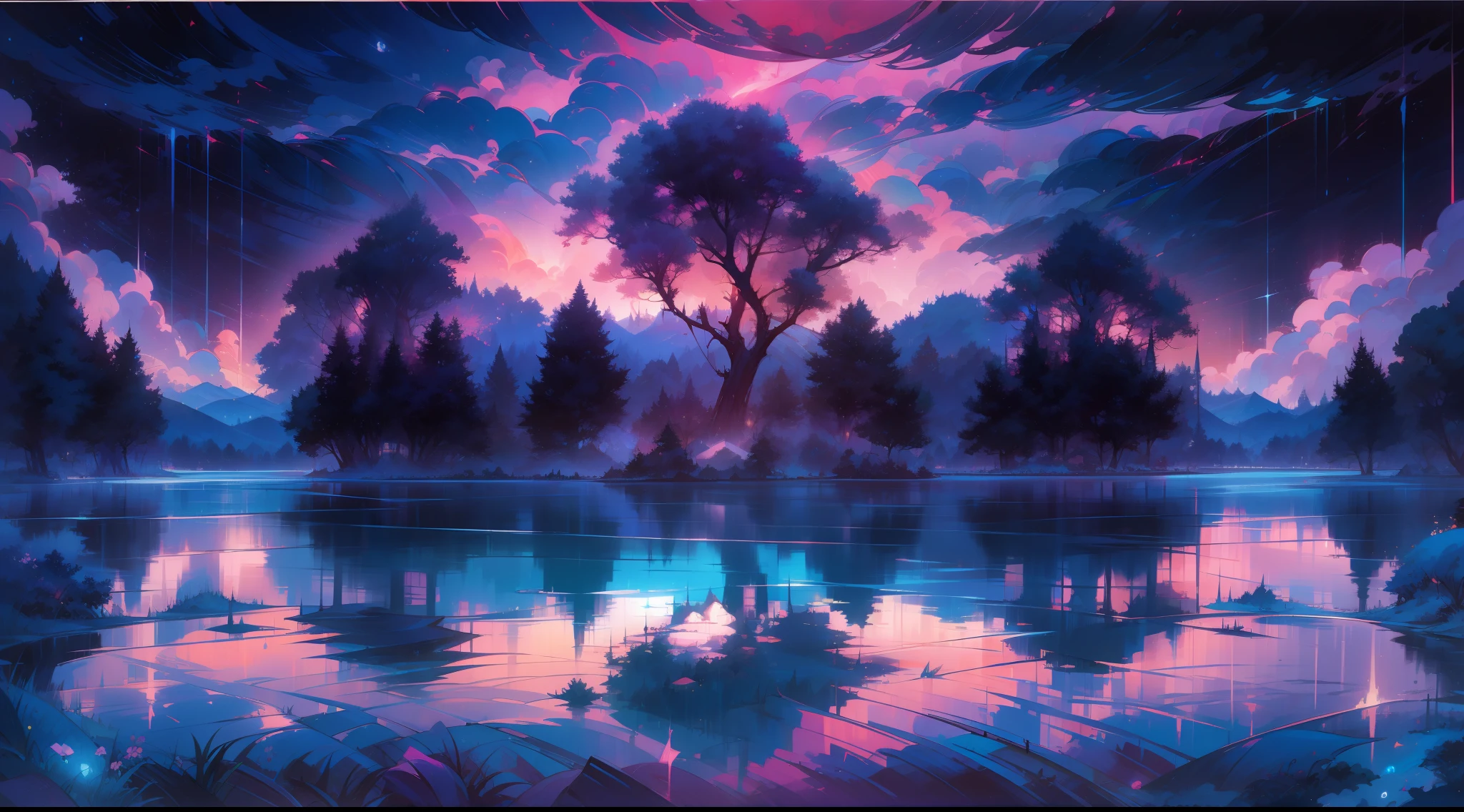 A surreal masterpiece，It presents beautiful and spectacular views in cool colors。Lakes and trees form the background，Accompanied by a gorgeous moon and fantastic sky reflections。The beautiful sky blends in with the color of the lake，Like a blue flame。This 8K picture creates a fantastic atmosphere，Colorful clouds are suspended in it，Create surreal visual experiences