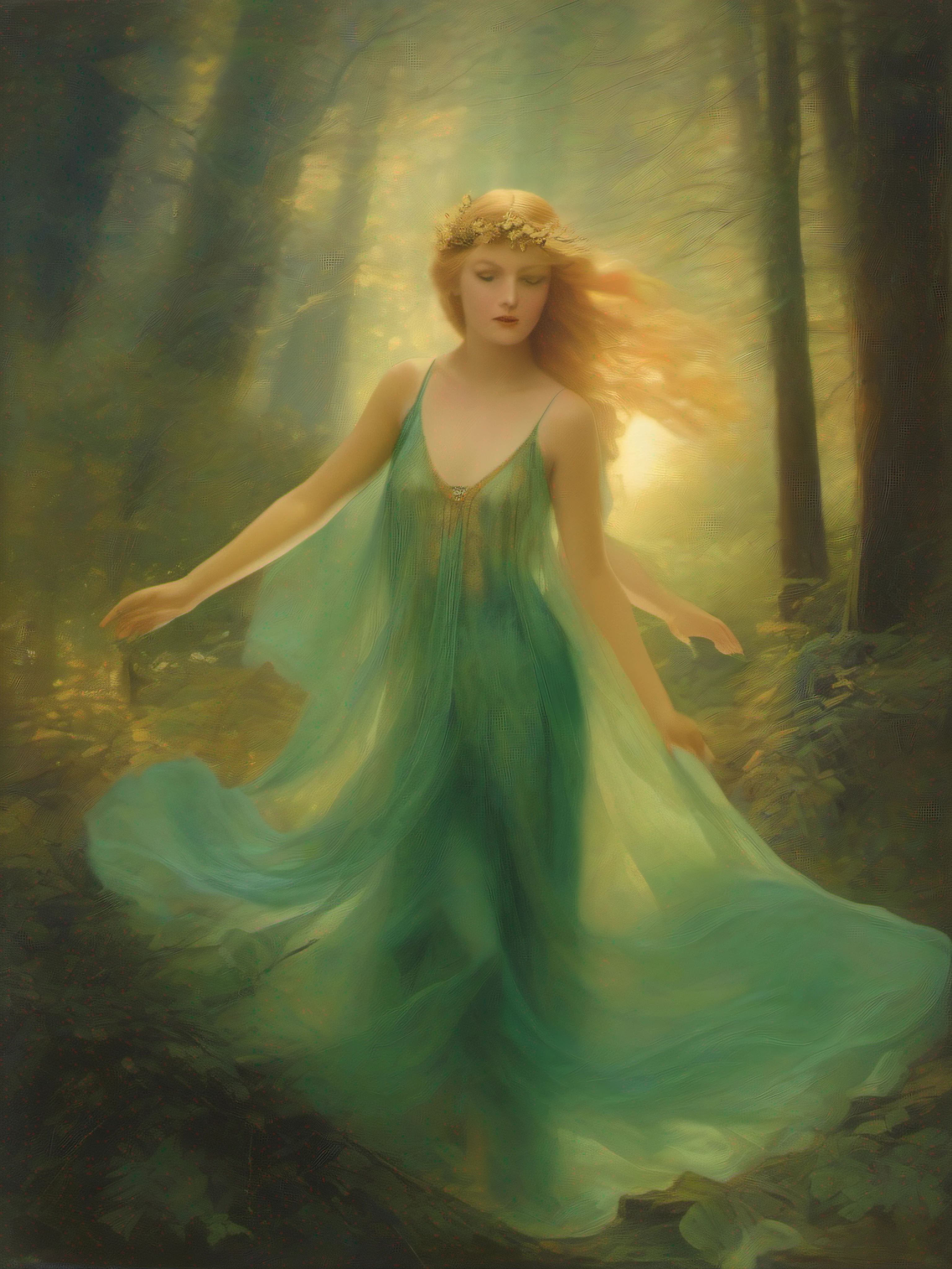 Goddess Freyja, the epitome of beauty and power, stands tall amidst a mystical forest bathed in the golden hues of a setting sun. Her flowing golden locks cascade down her ethereal figure, adorned in a flowing gown of vibrant emerald green. Her eyes, a mesmerizing shade of ocean blue, radiate wisdom and compassion. The air is filled with an enchanting aura, as sparkling fairies dance and swirl around her, casting a soft, iridescent glow. Capture this divine scene with the elegance and mysticism of Edward Steichen's Pictorialist style.